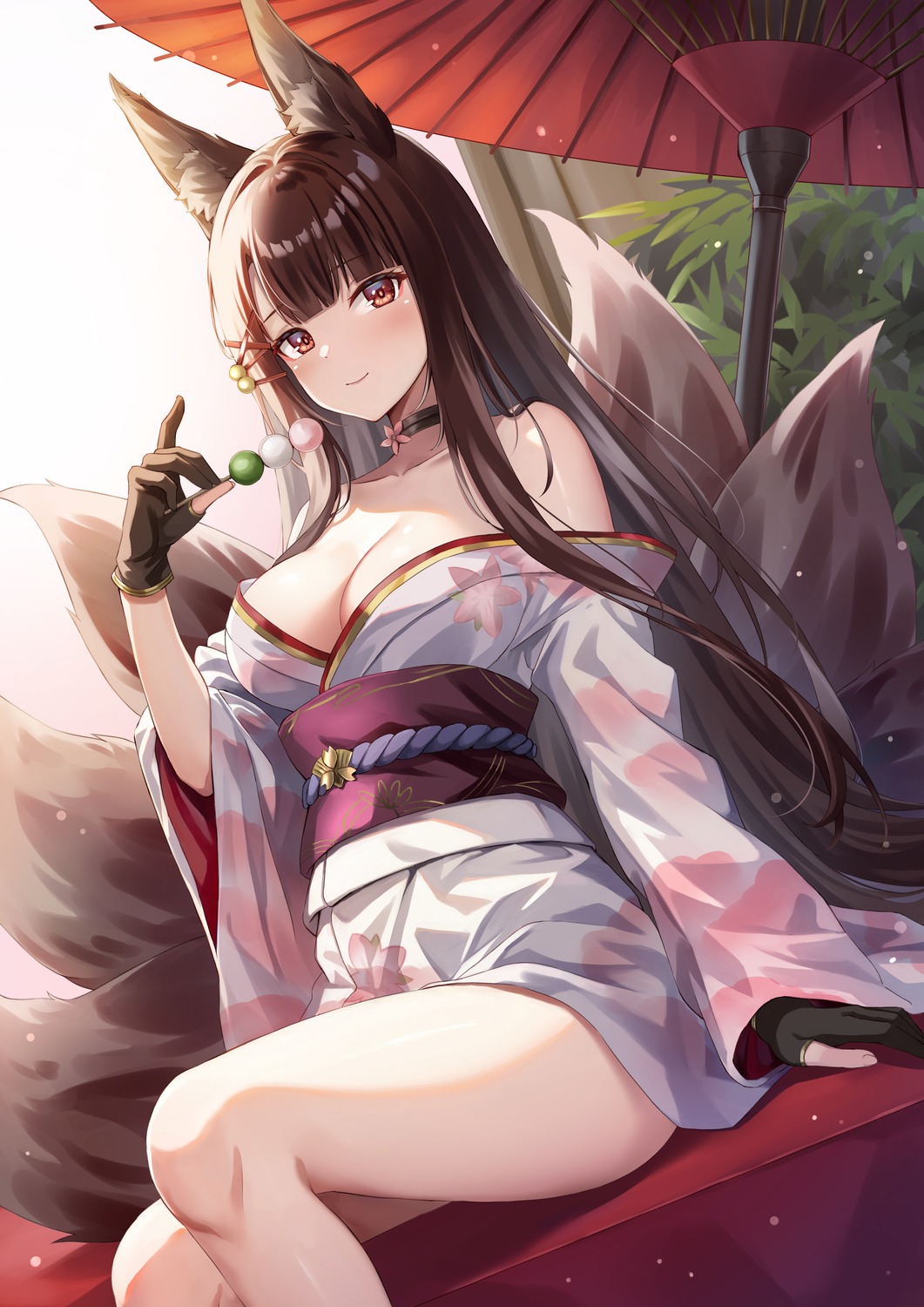 akagi_(azur_lane) animal_ears azur_lane kimono kitsune no_bra open_shirt sebu_illust tail