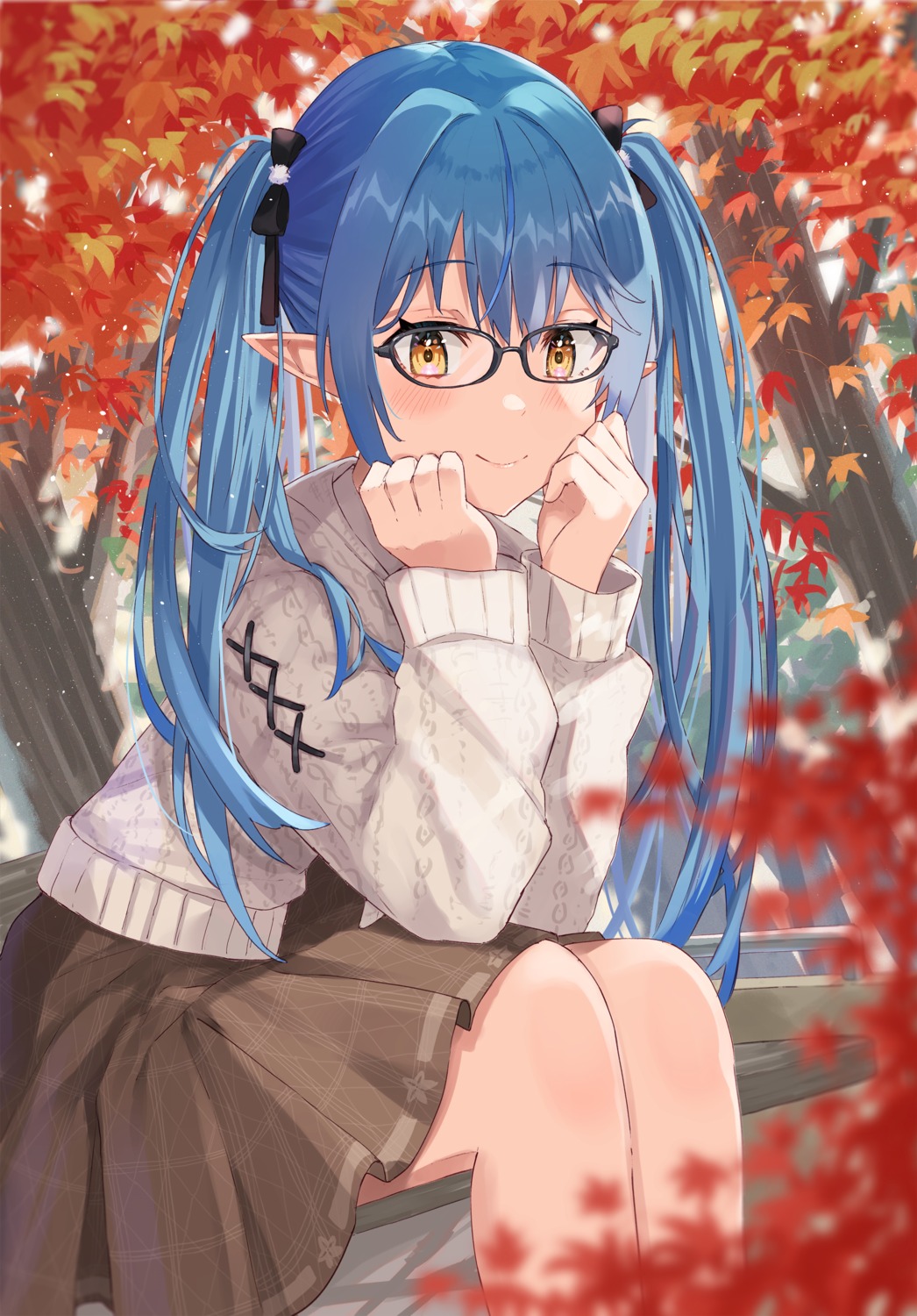 elf haru_yu hololive megane pointy_ears skirt_lift sweater yukihana_lamy