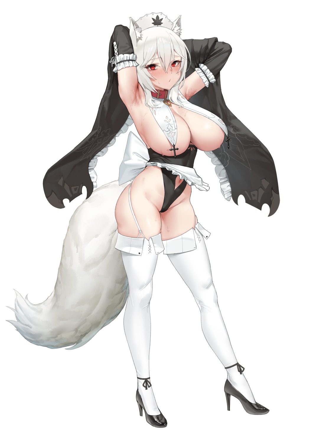 animal_ears heels inubashiri_momiji leotard no_bra stockings tail thighhighs touhou urrrt