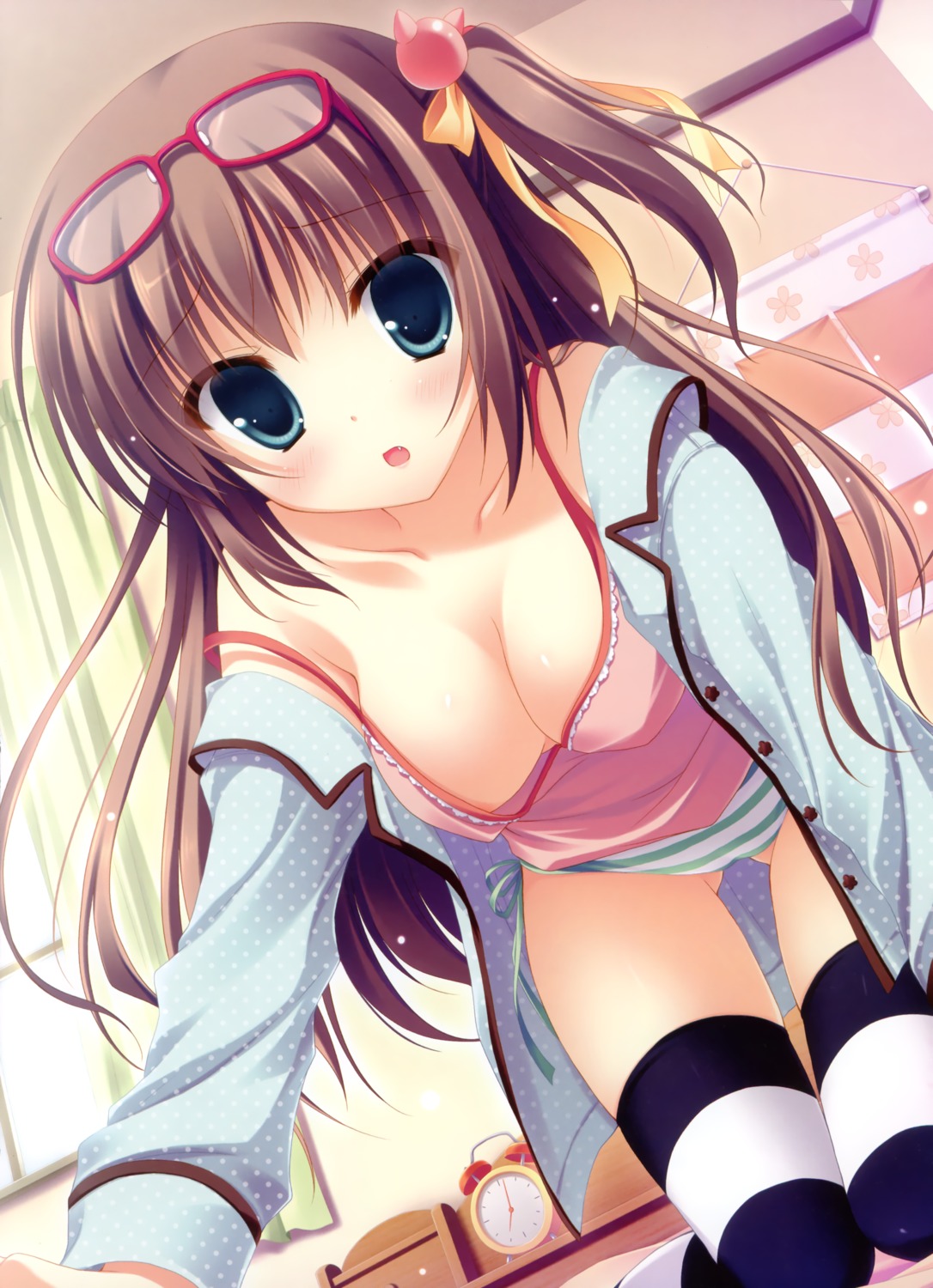 cleavage lingerie megane no_bra open_shirt pajama pantsu shimapan string_panties thighhighs yukie