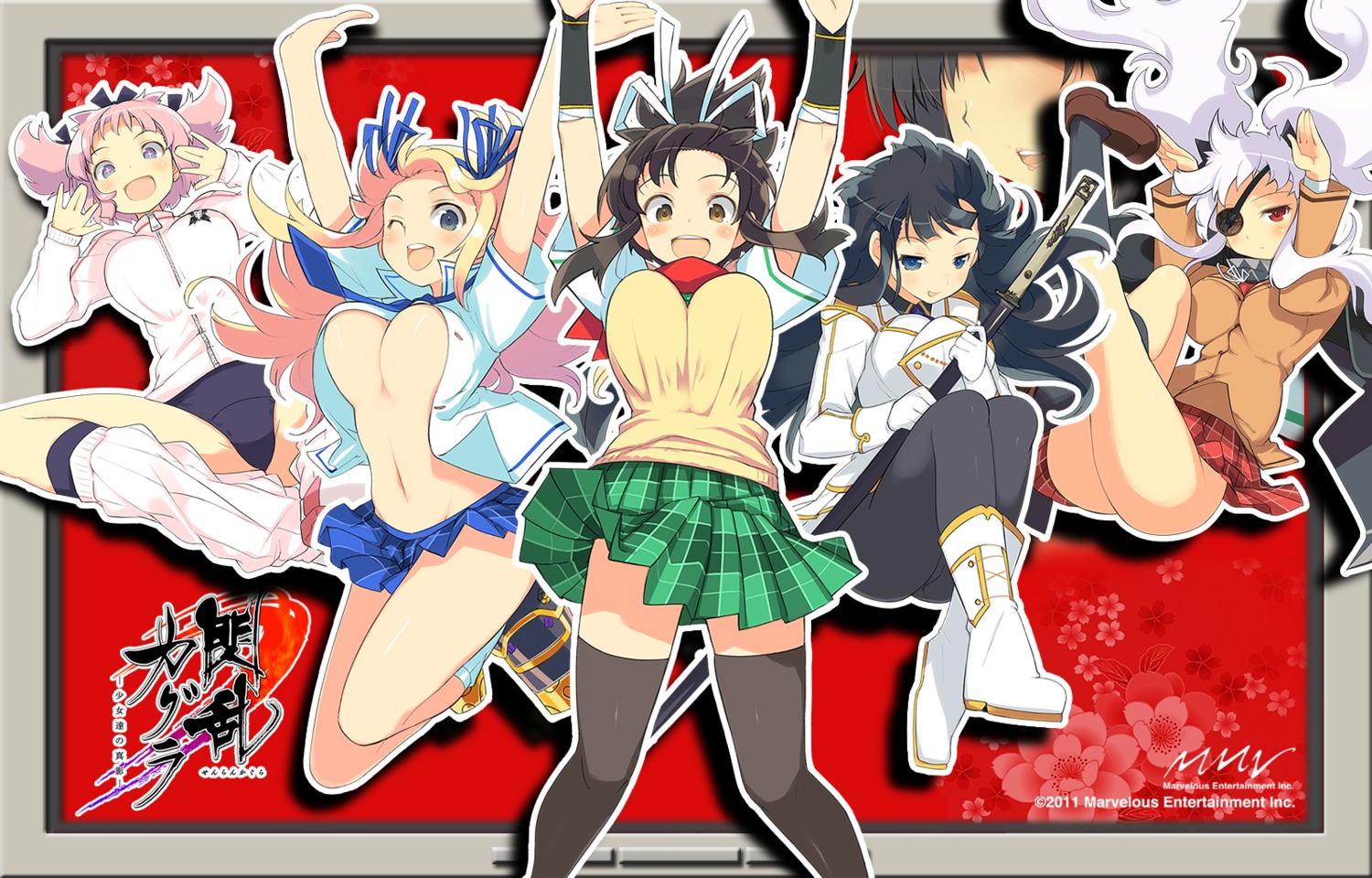 asuka_(senran_kagura) eyepatch gym_uniform hibari_(senran_kagura) ikaruga katsuragi no_bra nopan open_shirt pantyhose seifuku senran_kagura skirt_lift sweater sword thighhighs underboob wallpaper yaegashi_nan yagyuu