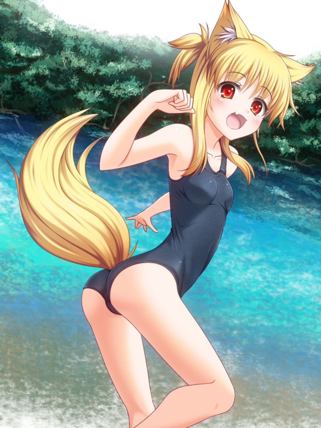 animal_ears kitsune moeki_yuuta swimsuits tail