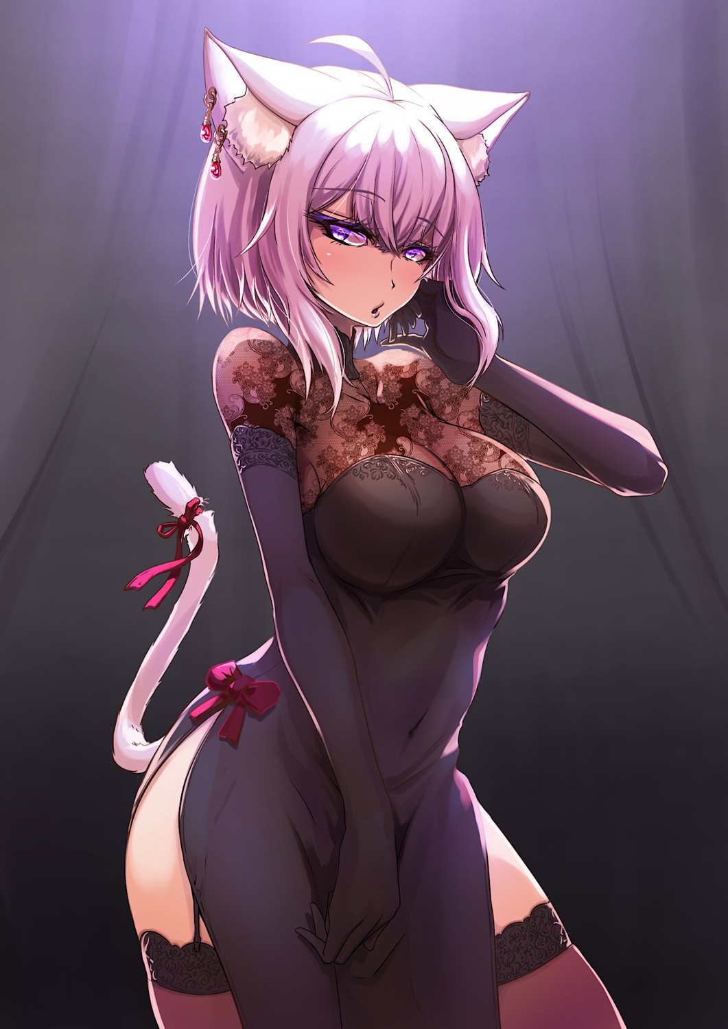 animal_ears dress hololive hololive_gamers kajimakoto nekomata_okayu nekomimi see_through stockings tail thighhighs