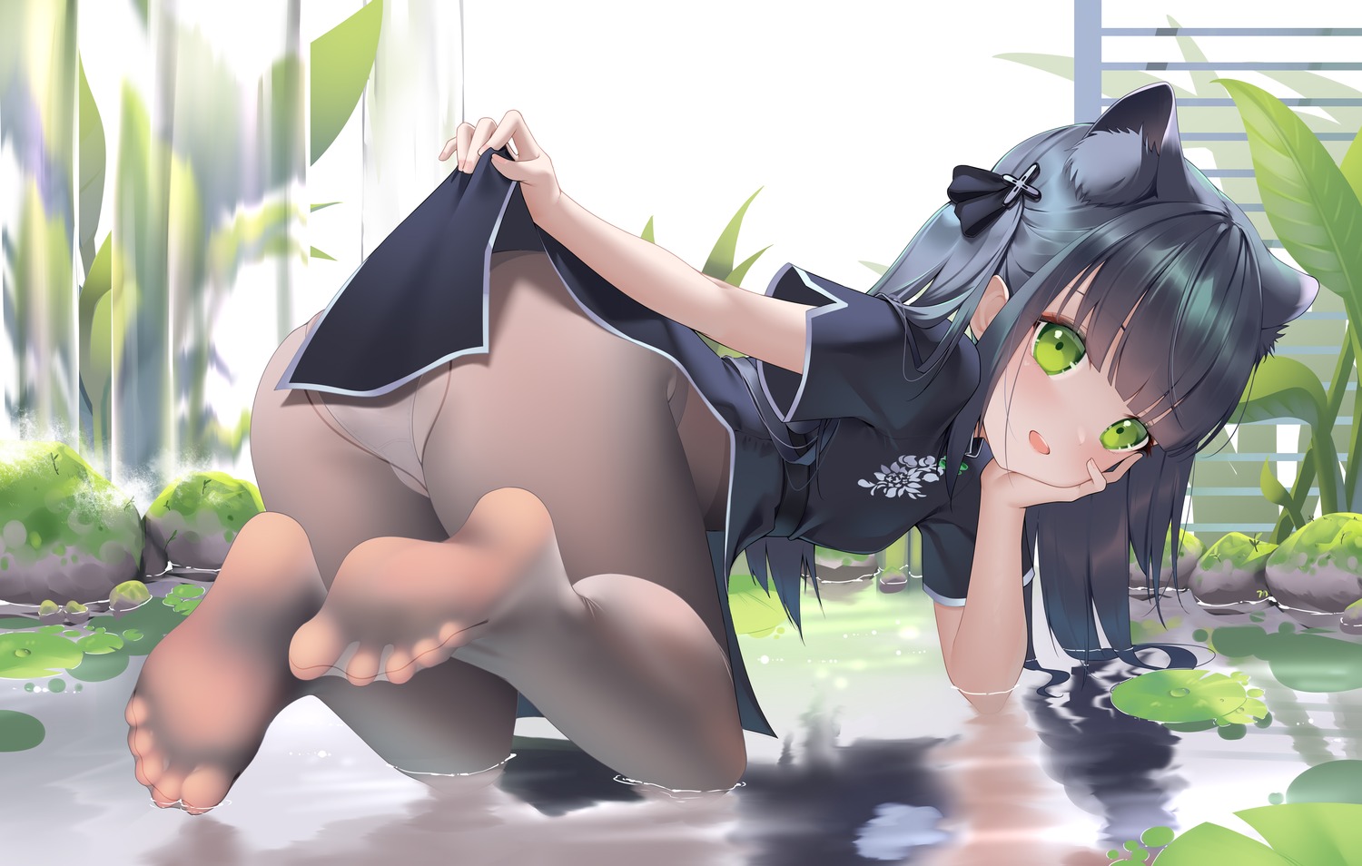 animal_ears ass bingchuan_xian_yu_huang blue_archive cameltoe chinadress feet loli pantsu pantyhose see_through skirt_lift sunohara_shun thong undressing wet