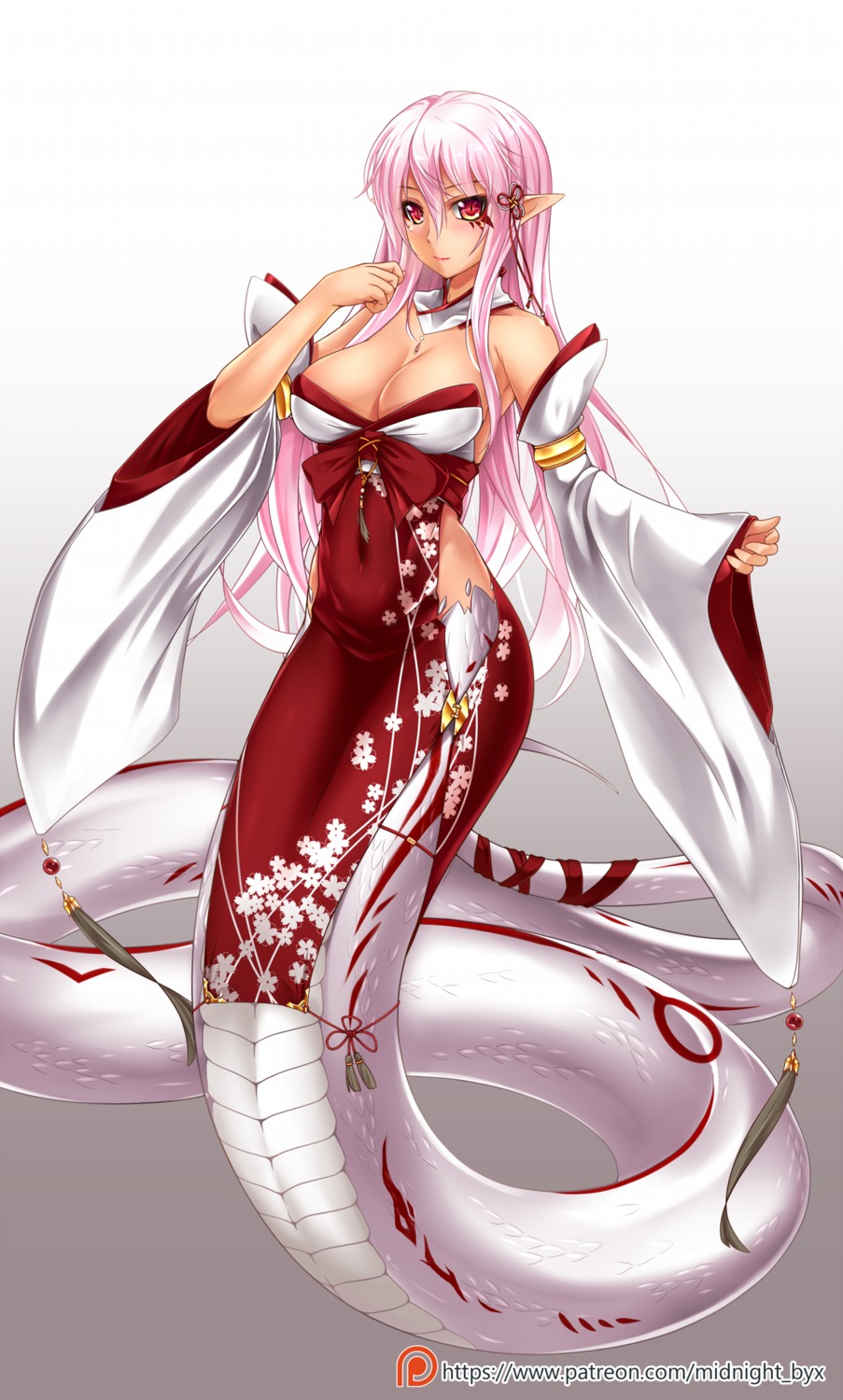 cleavage japanese_clothes midnight monster_girl pointy_ears tail
