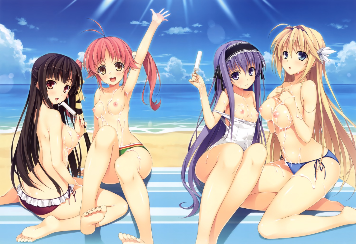 bikini breasts cream effordom_soft elcia_harvence fujimori_yuu kazama_akari koikishi_purely_kiss nipples school_swimsuit shidou_mana swimsuits topless yuuki_hagure