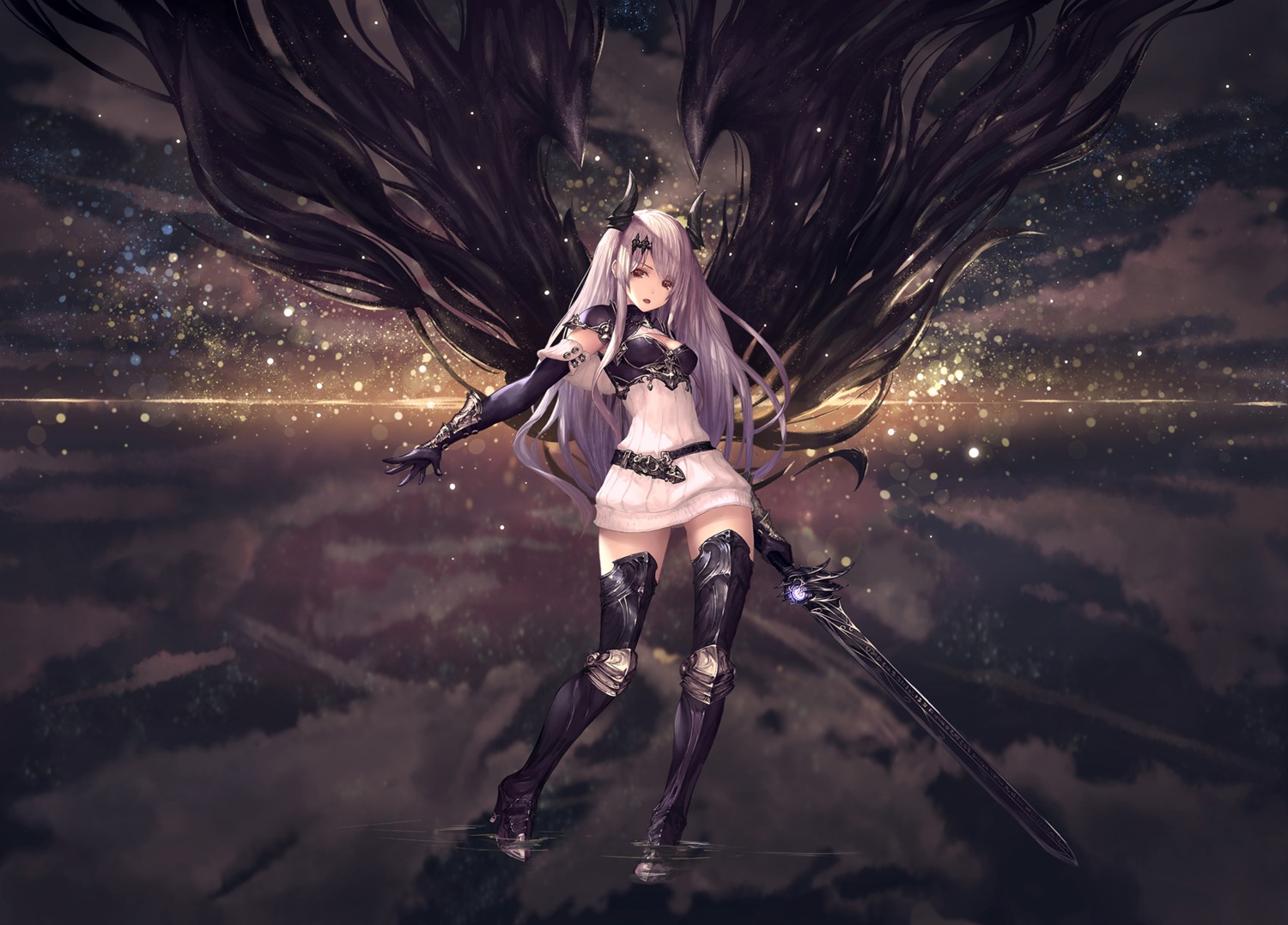armor cleavage dark_angel_olivia dress heels horns sword tachikawa_mushimaro thighhighs wings