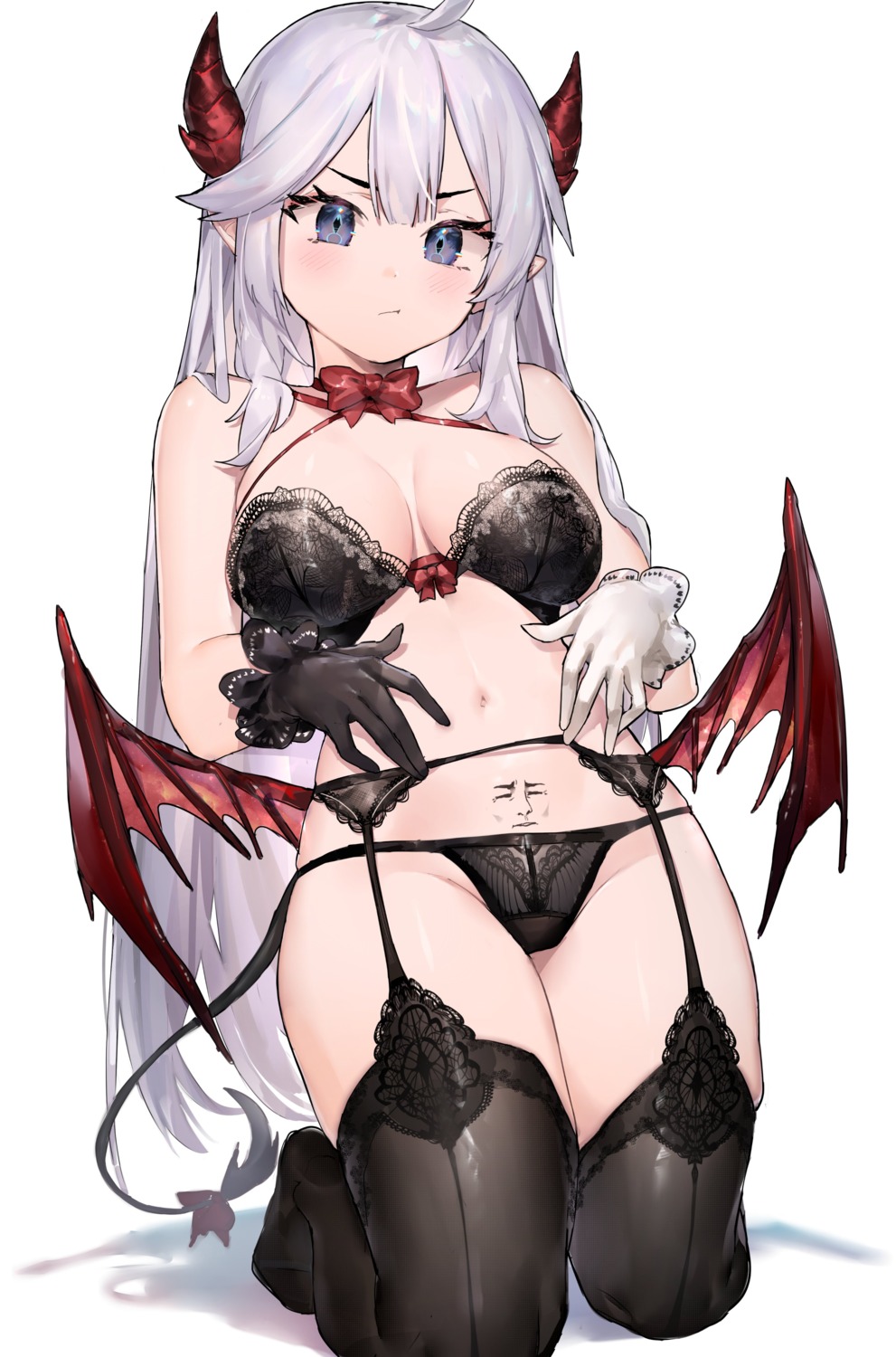 bra cleavage garter_belt horns lingerie neonbeat pantsu pointy_ears stockings tail tattoo thighhighs veibae vshojo wings