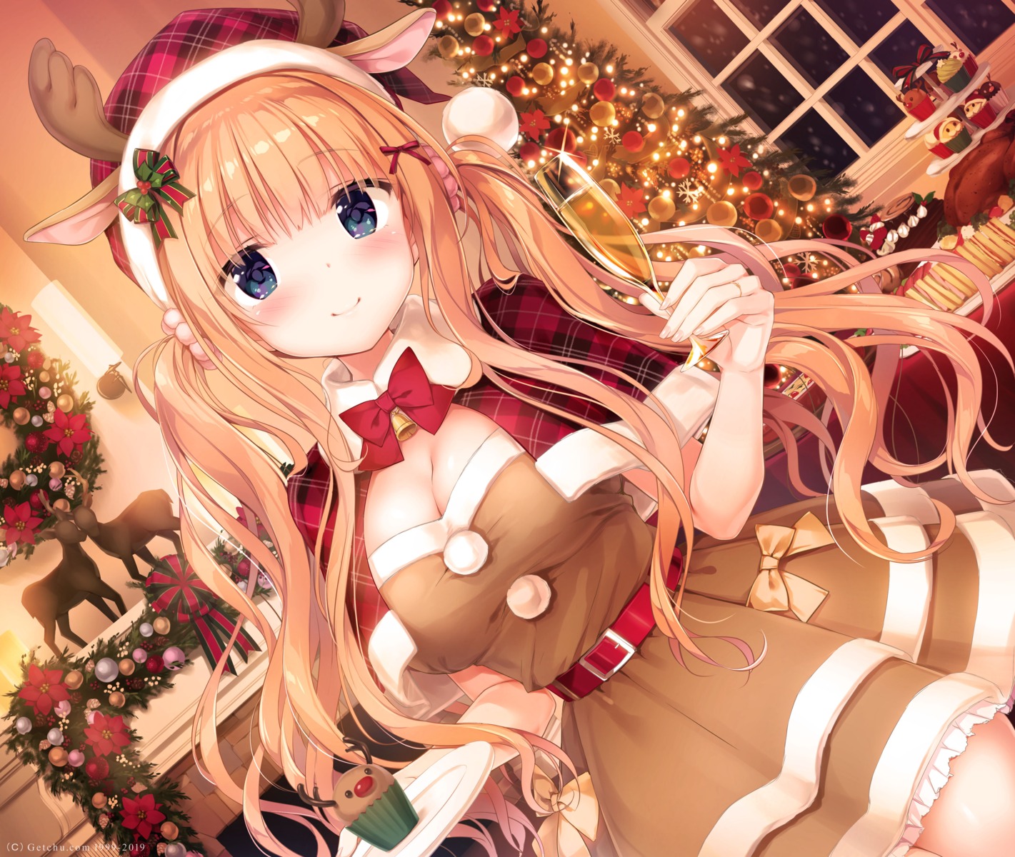 animal_ears christmas cleavage dress horns jpeg_artifacts kimishima_ao saijo_melia