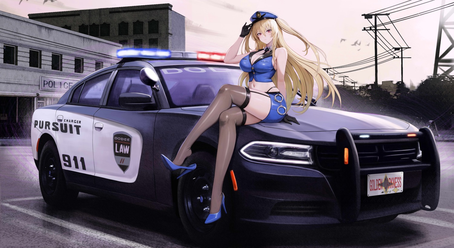 golden_darkness heels kcar66t open_shirt police_uniform skirt_lift stockings thighhighs to_love_ru