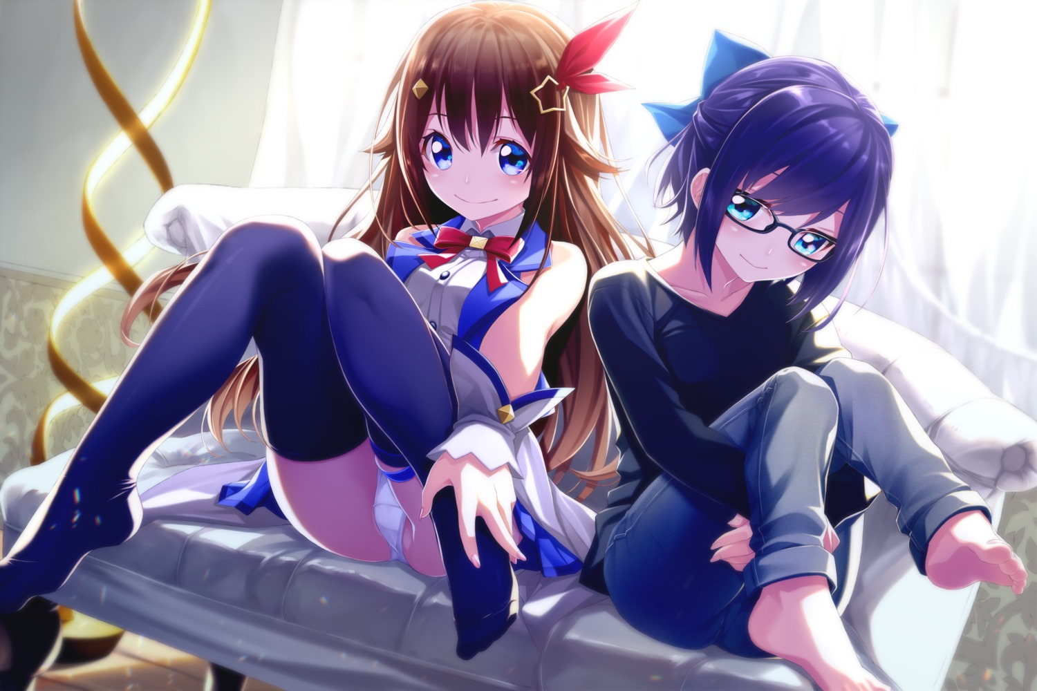 feet fenrir_(fenlil0316) hololive megane pantsu skirt_lift thighhighs tokino_sora yuujin_a_(hololive)