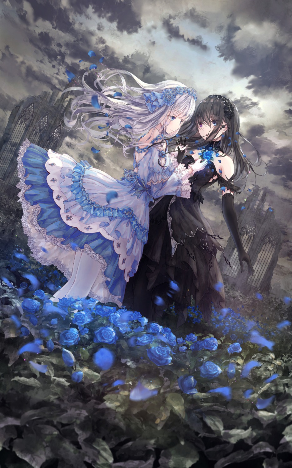 dress gothic_lolita heterochromia lolita_fashion missile228 skirt_lift yuri