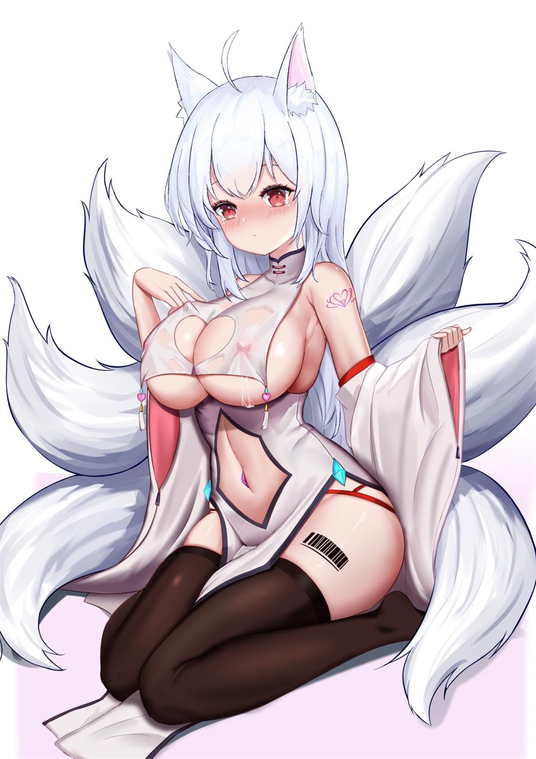 animal_ears kitsune niballl nipples no_bra see_through tail tattoo thighhighs