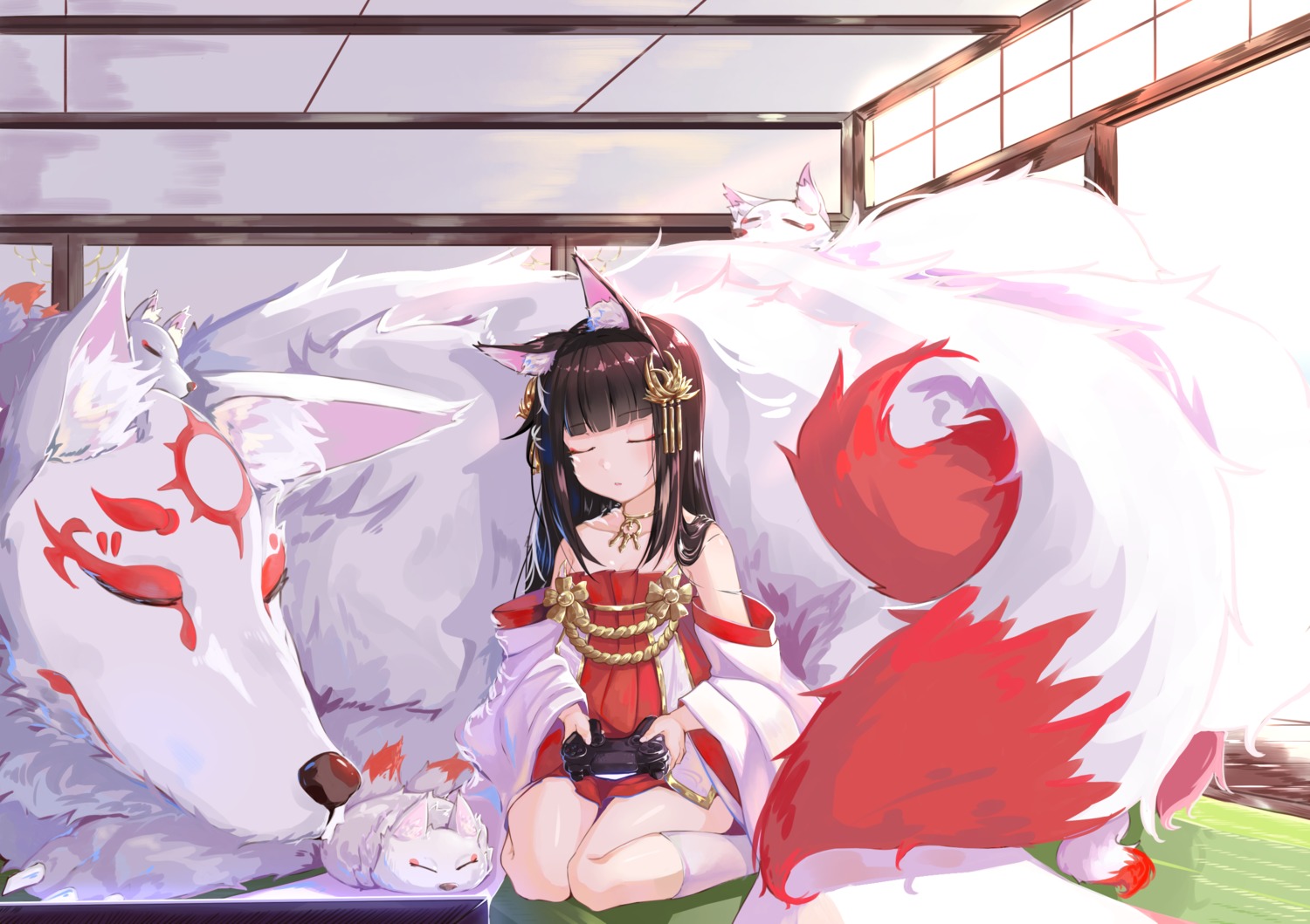 animal_ears azur_lane japanese_clothes nagato_(azur_lane) shijiuqaq