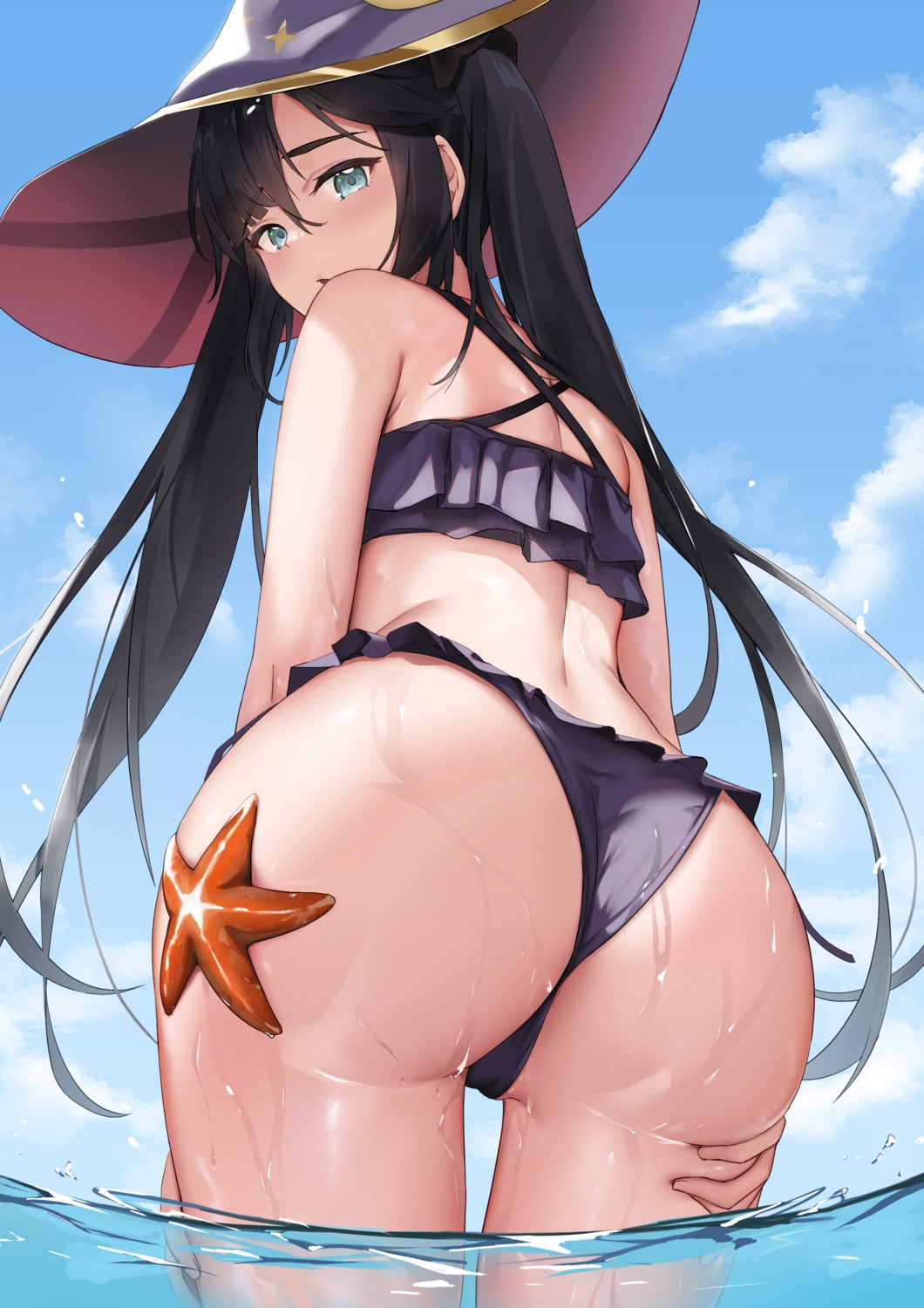 ass bikini cameltoe genshin_impact mona_megistus skai_kun swimsuits thong wet witch