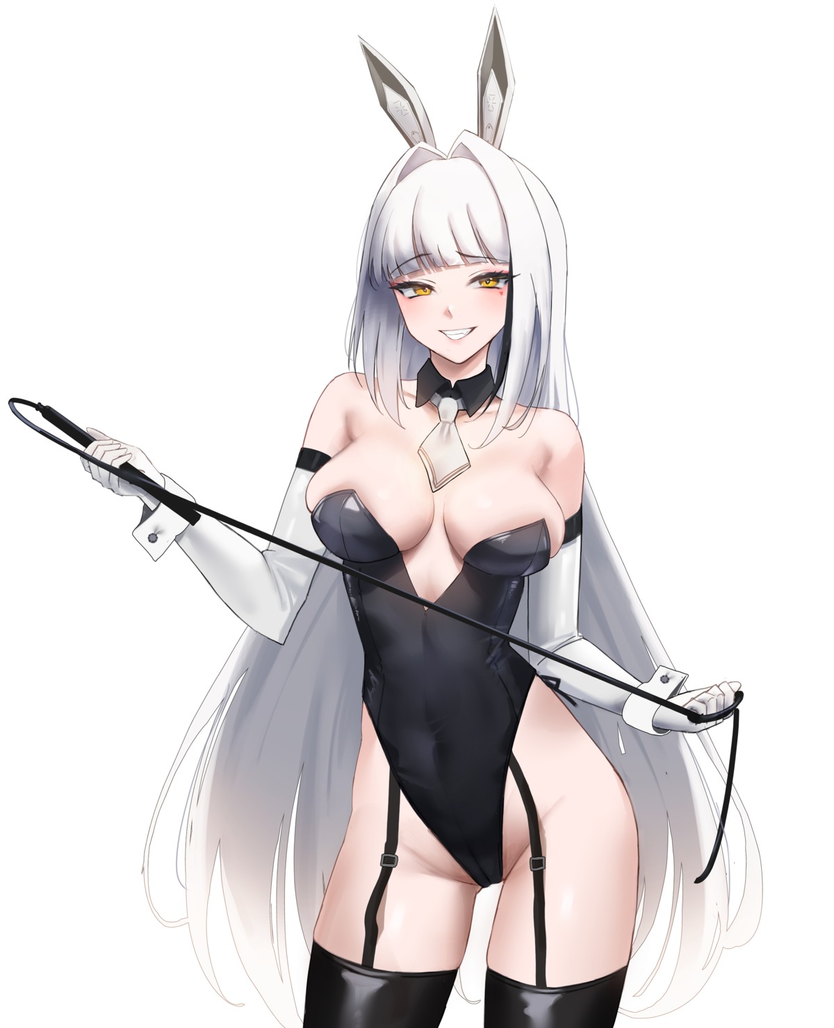 animal_ears blanc_(nikke) bunny_ears bunny_girl goddess_of_victory:_nikke maviss_03 no_bra stockings thighhighs weapon