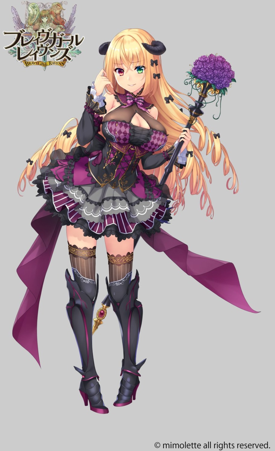 armor brave_girl_ravens cleavage dress heels heterochromia horns ikkei_(bobusuman) thighhighs weapon