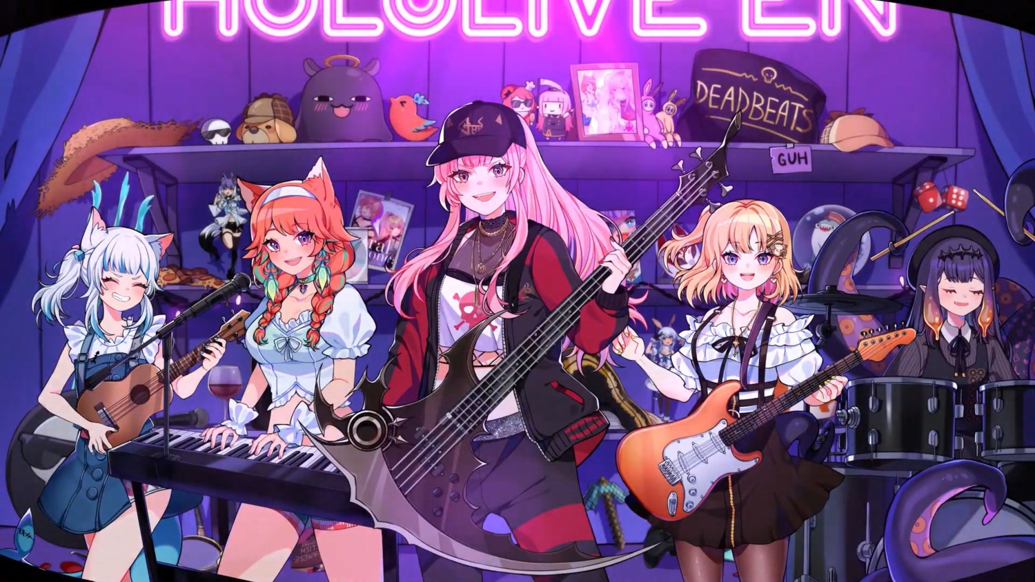 animal_ears gawr_gura guitar hololive hololive_english mori_calliope nekomimi ninomae_ina'nis pantyhose pointy_ears tagme tail takanashi_kiara tentacles wallpaper watson_amelia