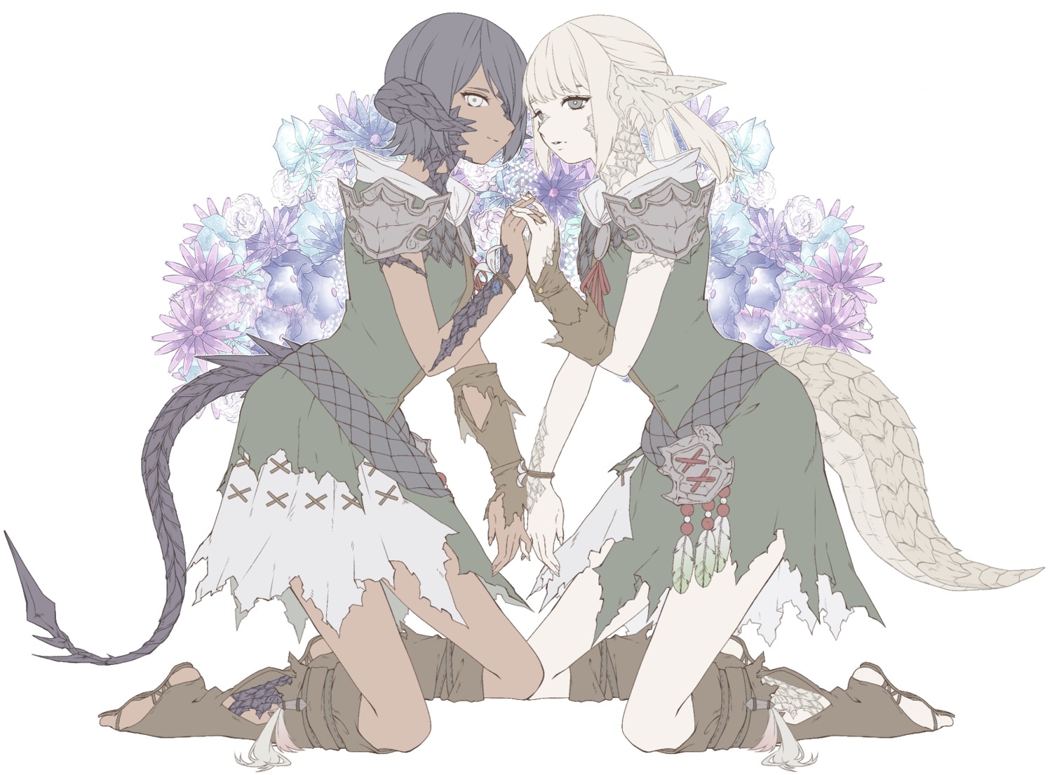 dress final_fantasy final_fantasy_xiv horns monster_girl tail wagashi_(goma_dango) yuri