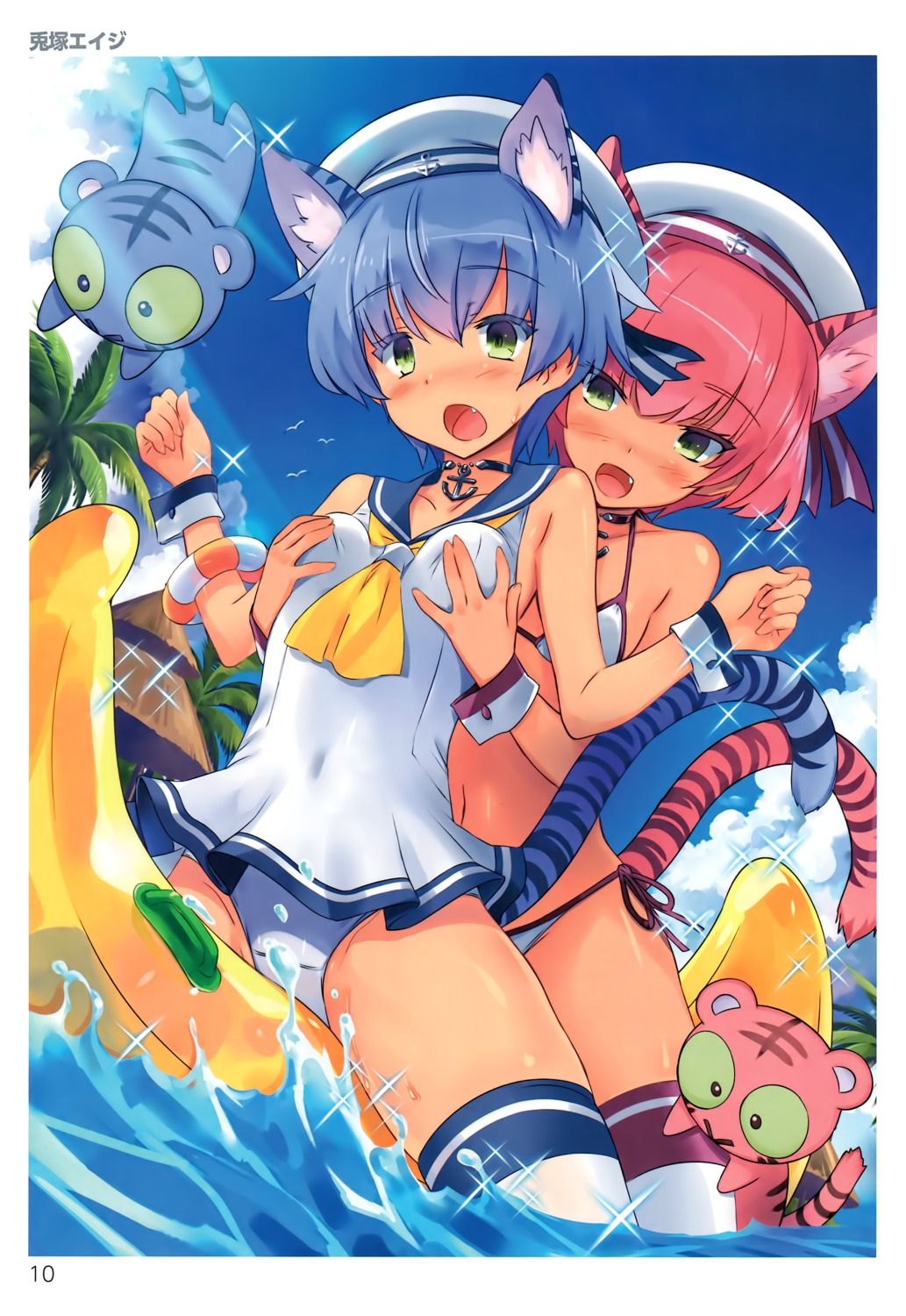 animal_ears bikini breast_grab swimsuits tail thighhighs toranoana usatsuka_eiji wet yuri