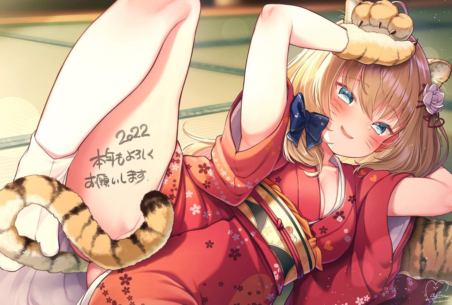 akai_haato animal_ears cleavage hololive kimono magowasabi nopan open_shirt skirt_lift tail