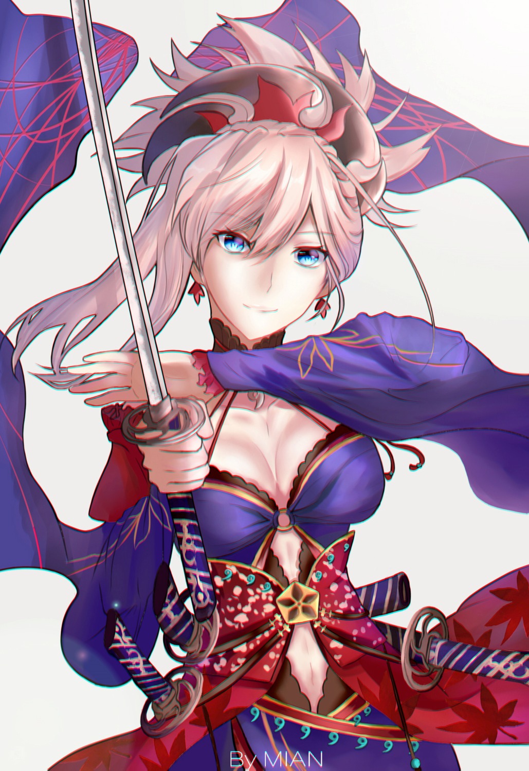 cleavage fate/grand_order japanese_clothes mian.h miyamoto_musashi_(fate/grand_order) sword