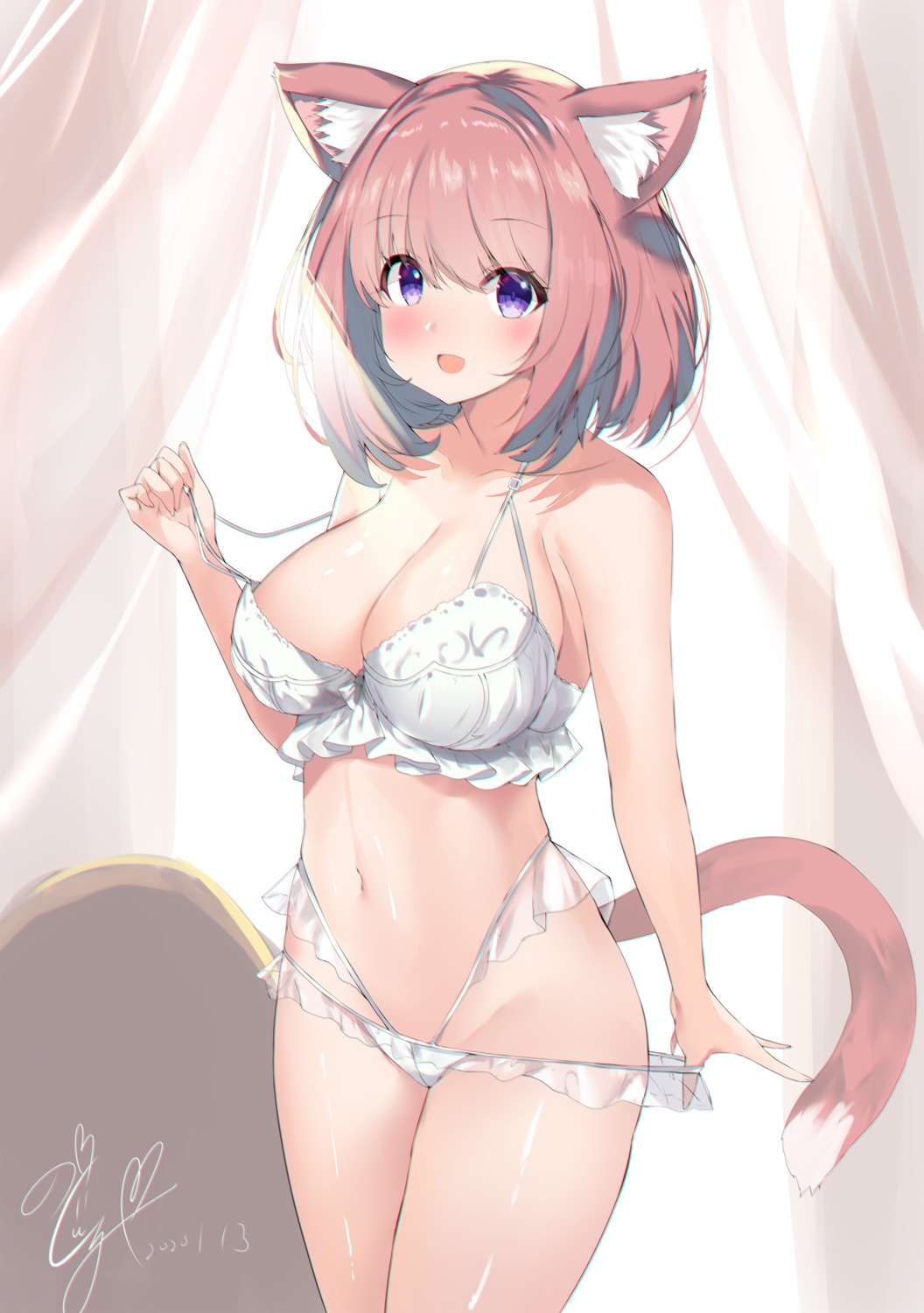 animal_ears bra nekomimi noto_kurumi pantsu panty_pull tail undressing