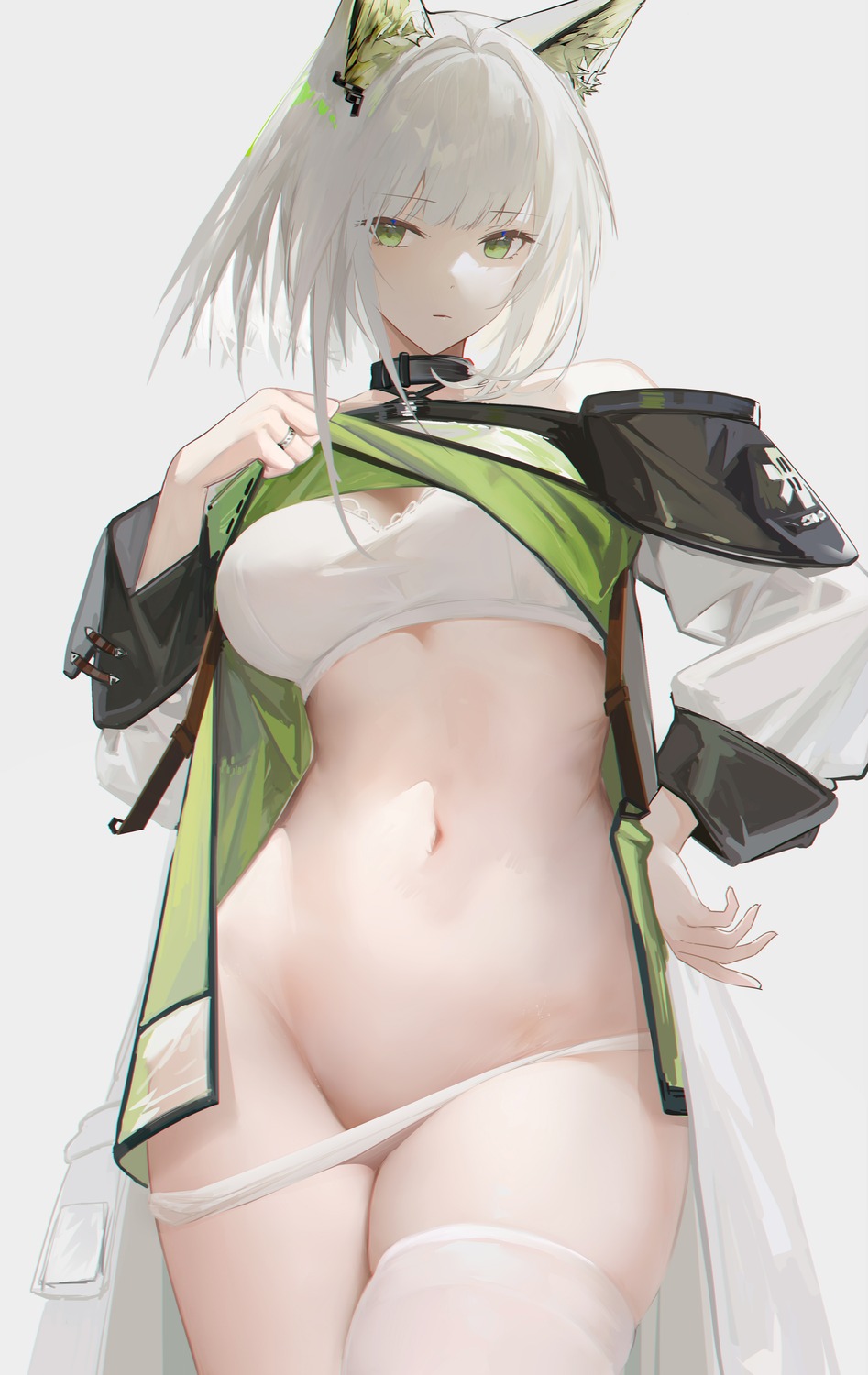 animal_ears arknights bra kal'tsit_(arknights) omone_hokoma_agm pantsu panty_pull shirt_lift thighhighs undressing