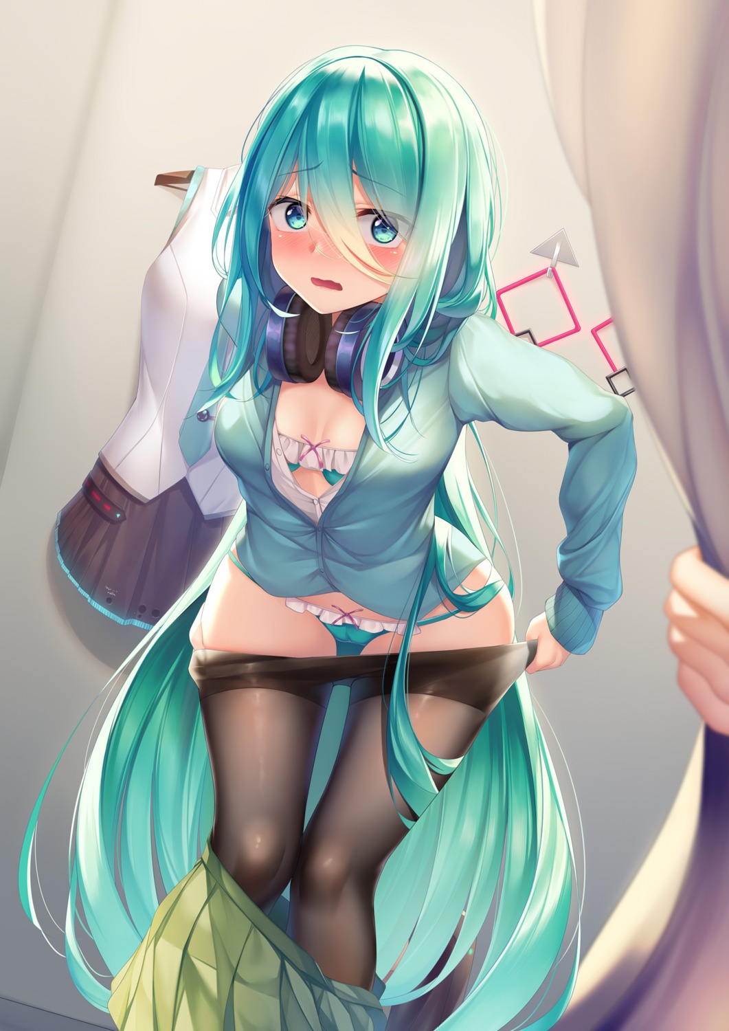 5-toubun_no_hanayome bra cameltoe cleavage cosplay hatsune_miku headphones meion nakano_miku open_shirt pantsu pantyhose seifuku sweater undressing vocaloid