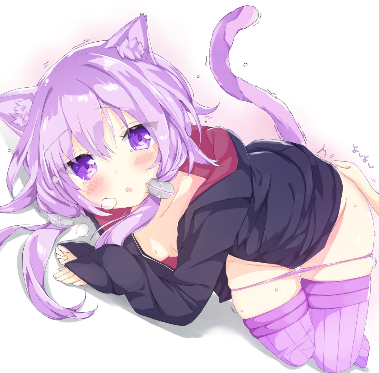 animal_ears kamioka_chiroru loli nekomimi no_bra open_shirt pantsu panty_pull tail thighhighs vocaloid yuzuki_yukari