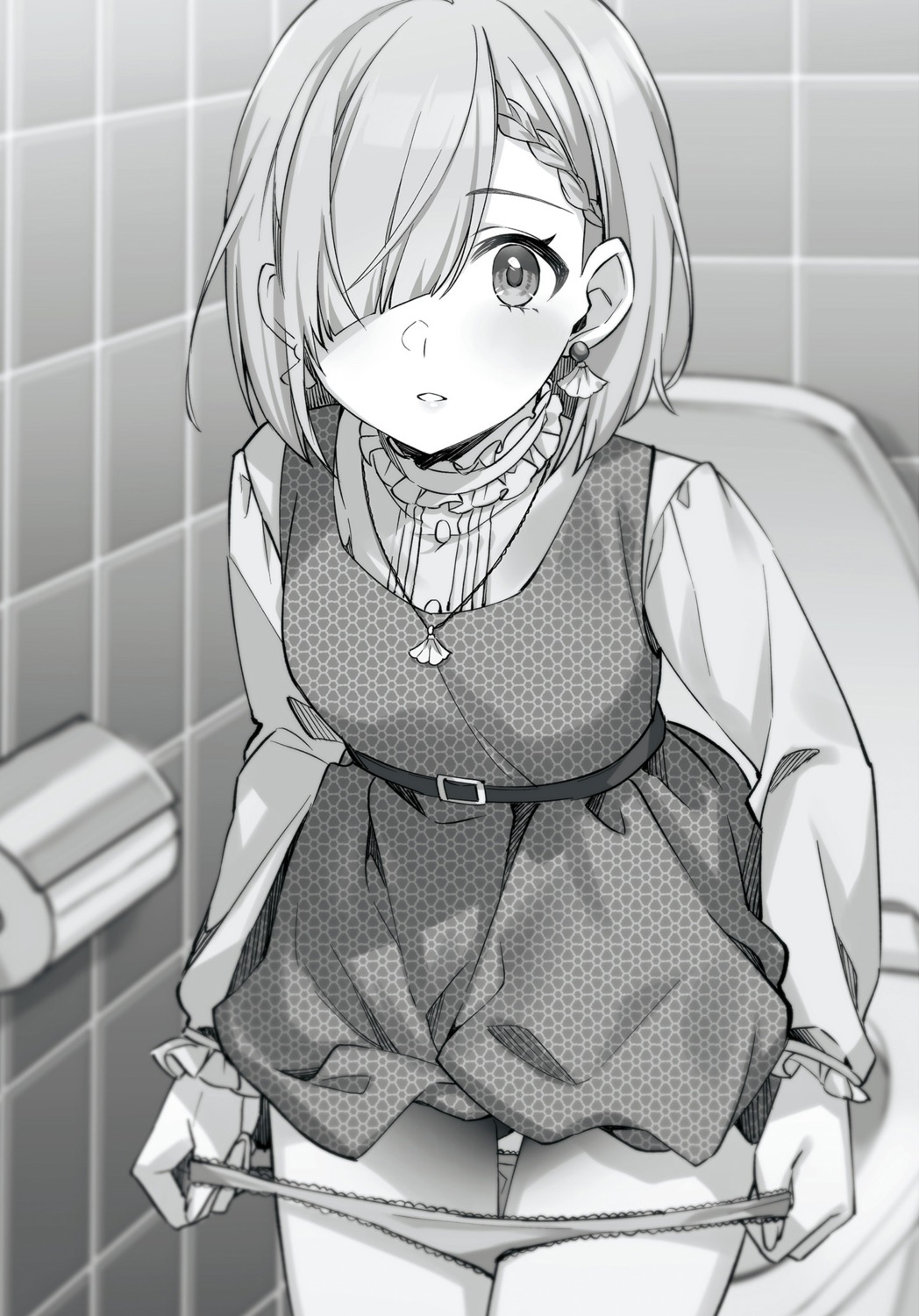 dress monochrome pantsu panty_pull skirt_lift tomari tomodachi_no_imouto_ga_ore_nidake_uzai tsukinomori_mashiro undressing