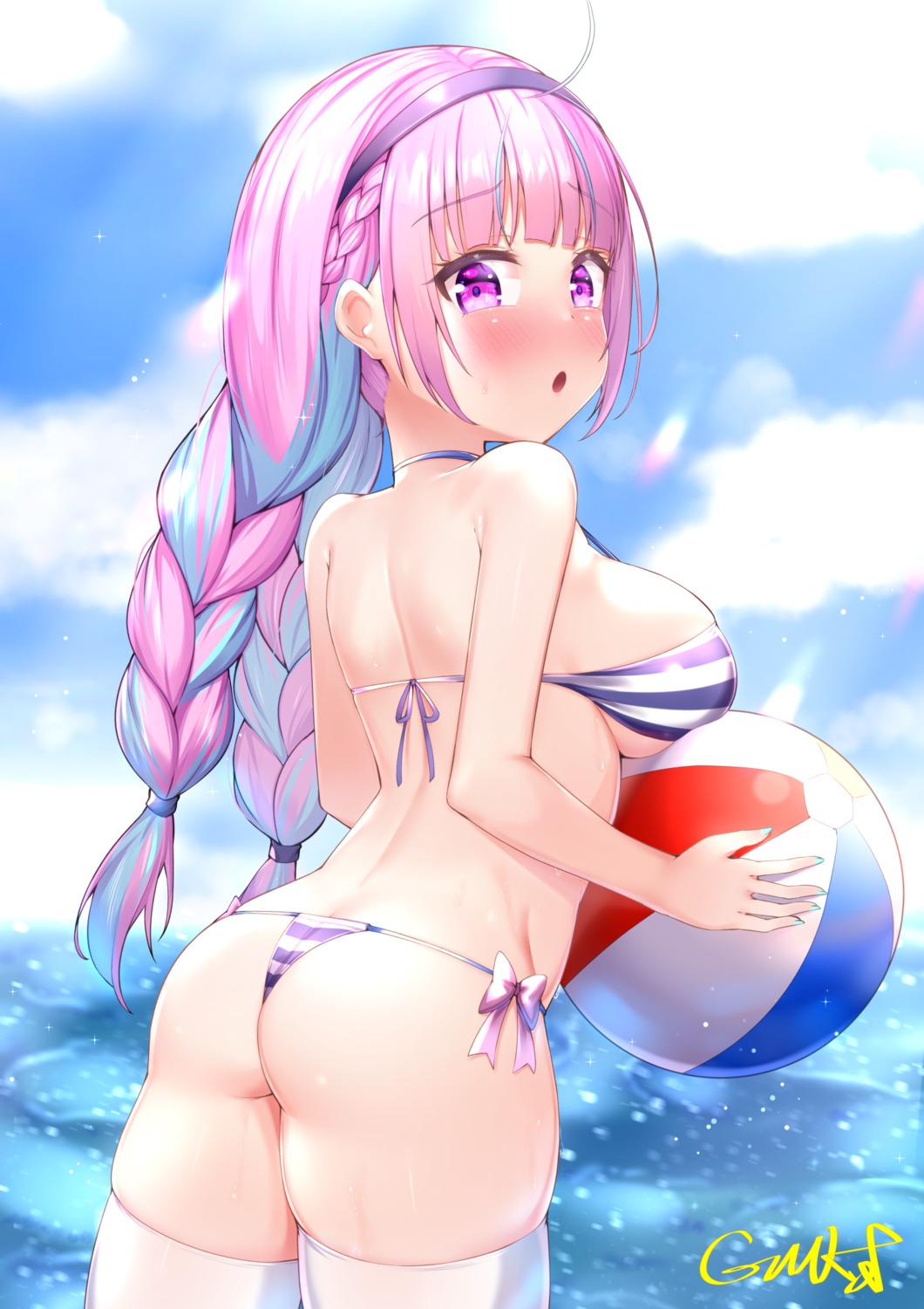 ass bikini gmkj hololive minato_aqua swimsuits thighhighs thong wet