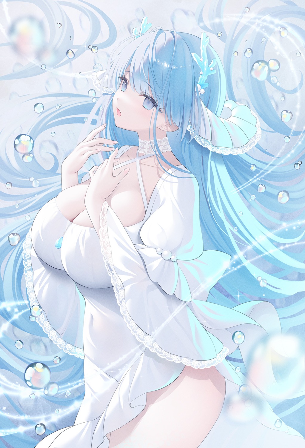 dress emori_miku_project horns miko_92 no_bra see_through wet