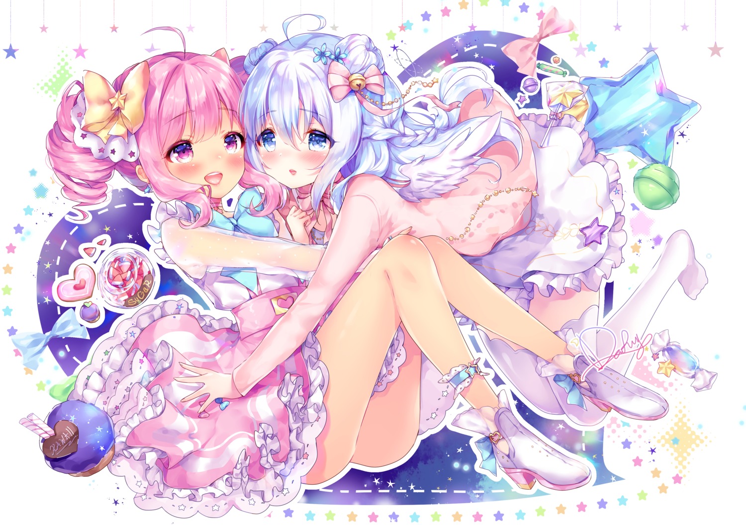 breast_hold dress heels odaefnyo see_through skirt_lift yuri