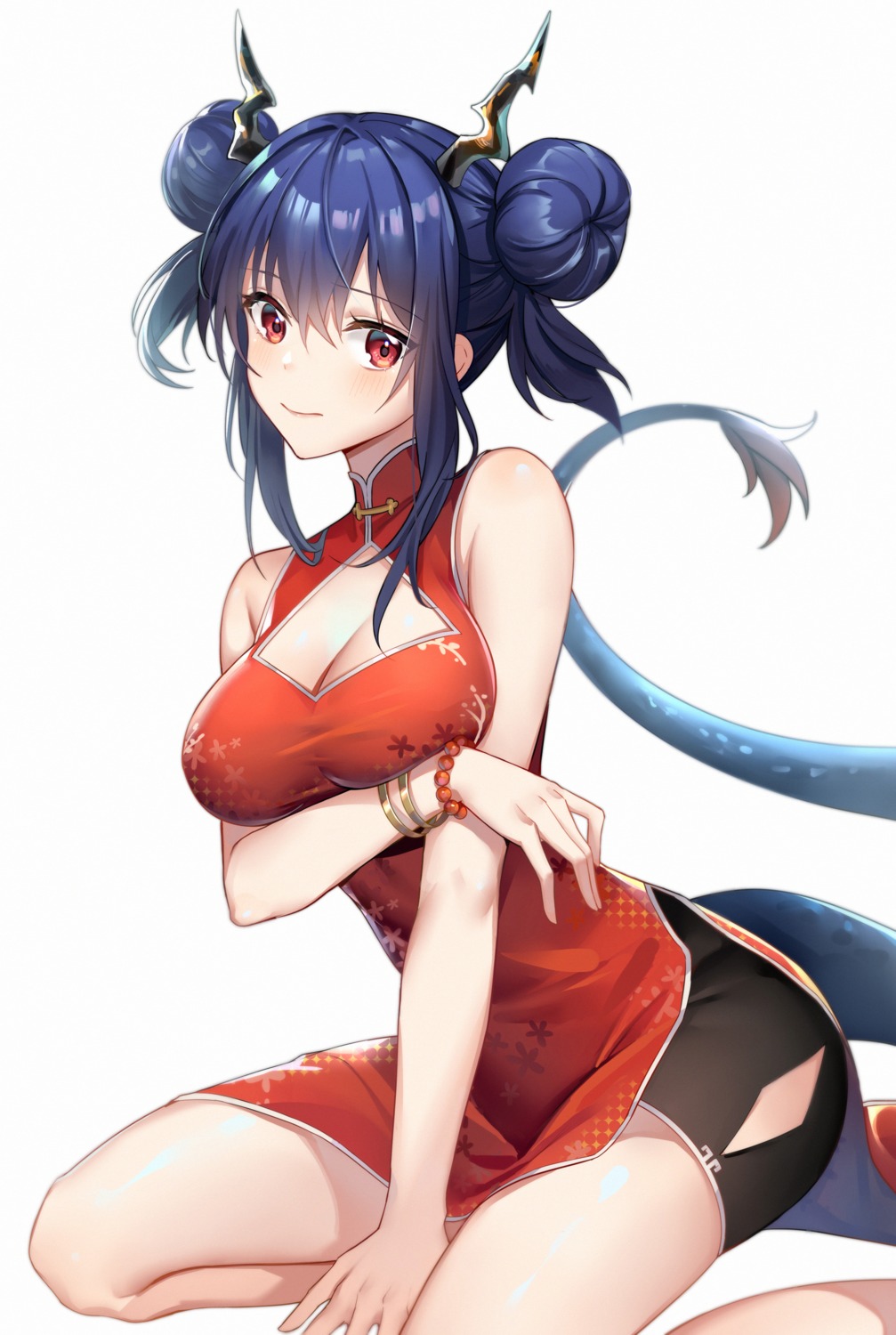 arknights breast_hold ch'en_(arknights) chinadress cleavage gun_mayoko horns tail