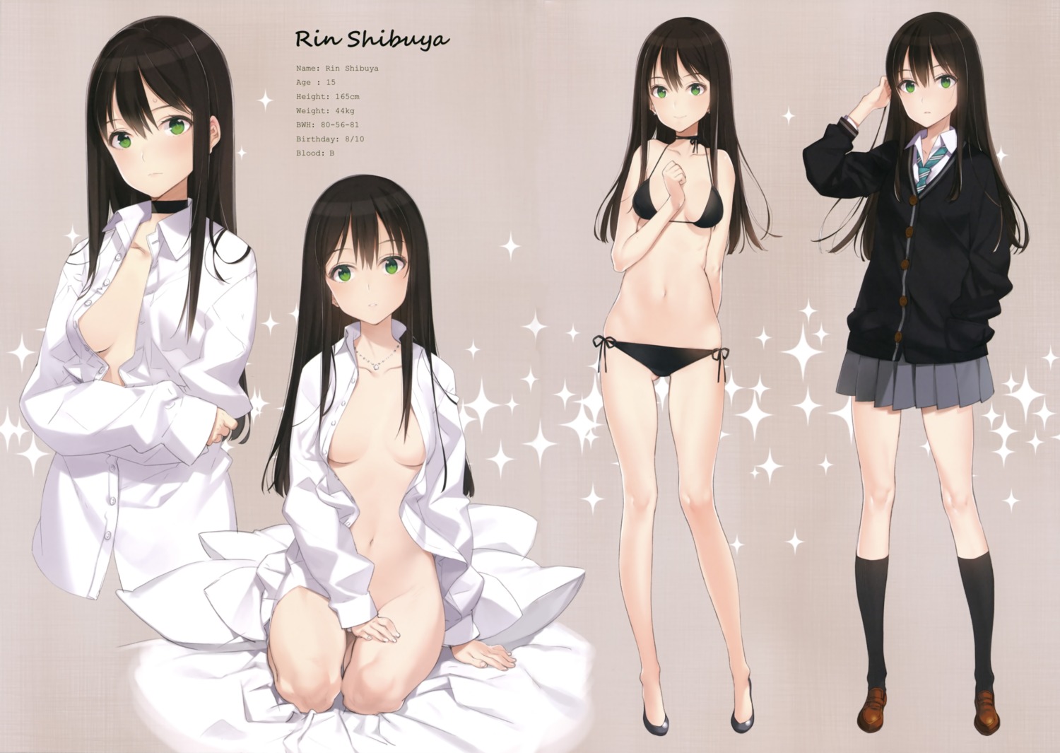 bikini bottomless cleavage dress_shirt no_bra open_shirt oyari_ashito seifuku shibuya_rin swimsuits the_idolm@ster the_idolm@ster_cinderella_girls