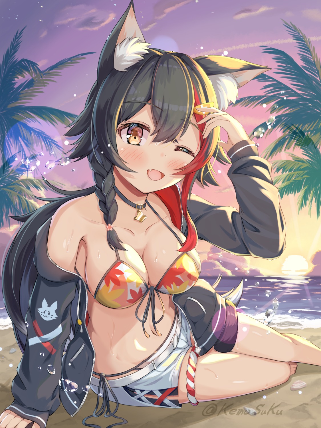 animal_ears bikini cleavage garter hololive hololive_gamers kemosuku ookami_mio open_shirt swimsuits tail wet