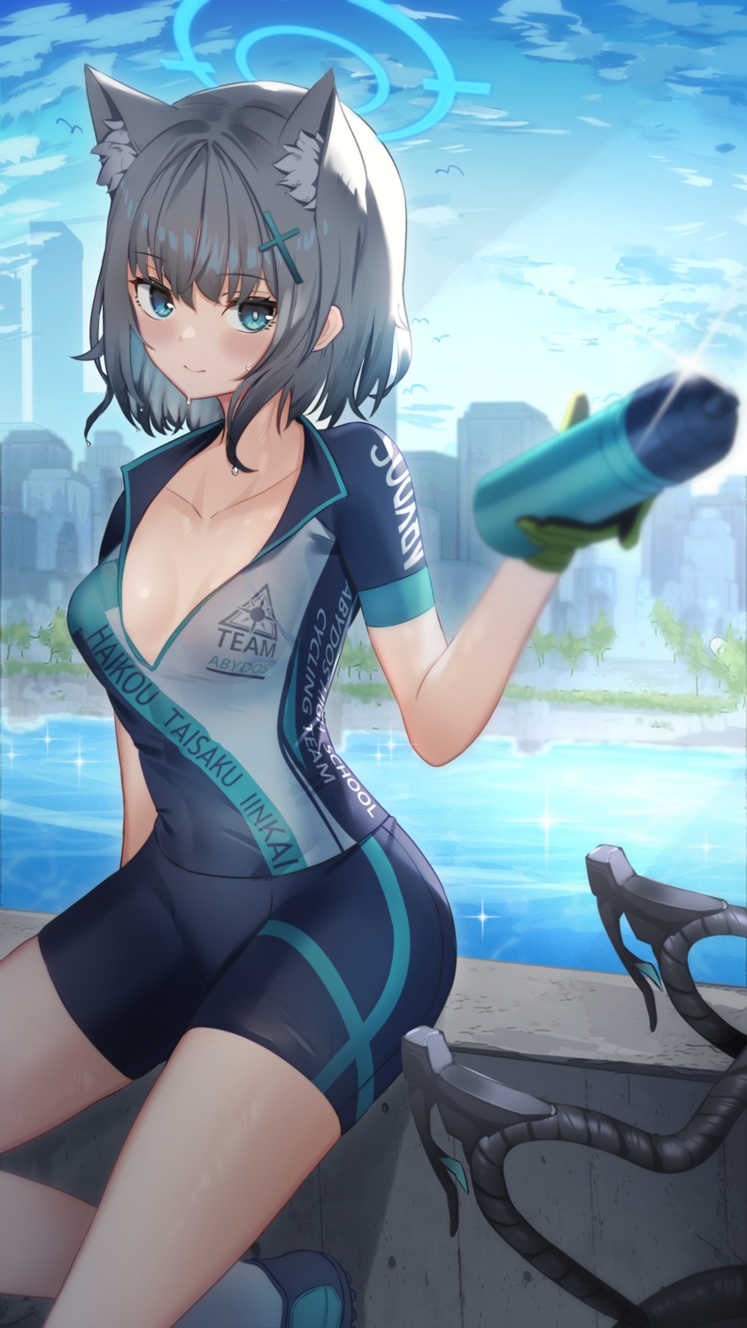 animal_ears bike_shorts blue_archive e_buki halo nekomimi no_bra sunaookami_shiroko