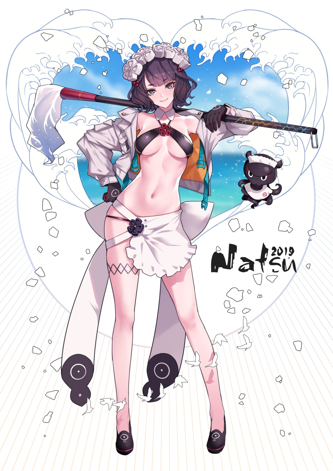 ban bikini fate/grand_order garter katsushika_hokusai_(fate) open_shirt swimsuits underboob weapon