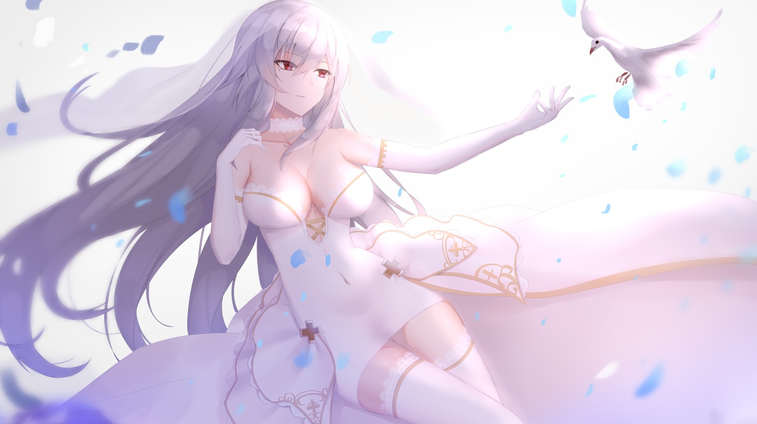 azur_lane cleavage dress eternity_(shadeh) graf_zeppelin_(azur_lane) no_bra thighhighs wedding_dress