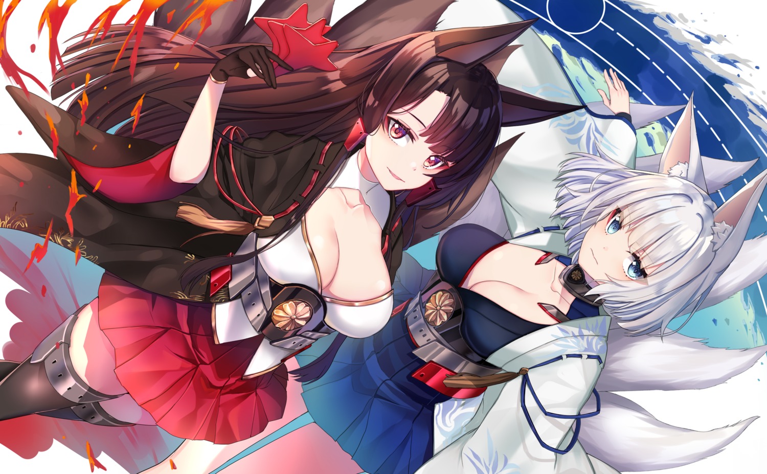 akagi_(azur_lane) animal_ears azur_lane cleavage japanese_clothes kaga_(azur_lane) kitsune mkichi no_bra open_shirt tail thighhighs