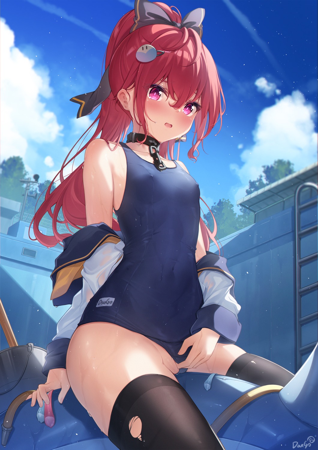 cum dango_remi erect_nipples school_swimsuit swimsuits thighhighs torn_clothes wet