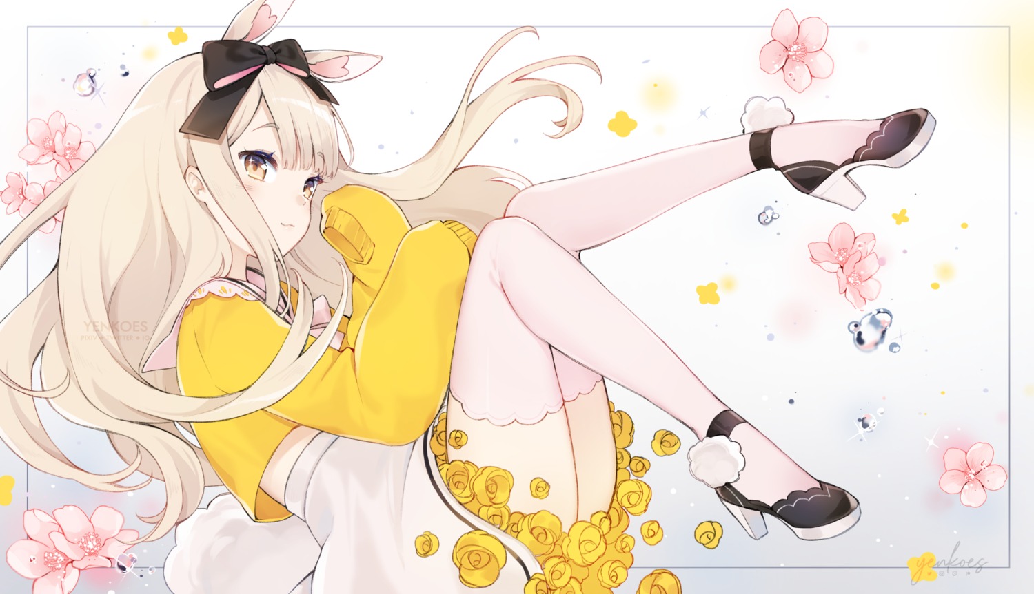 animal_ears bunny_ears heels indie_virtual_youtuber skirt_lift sweater tail thighhighs vyugen yenko_(vtuber) yenkoes