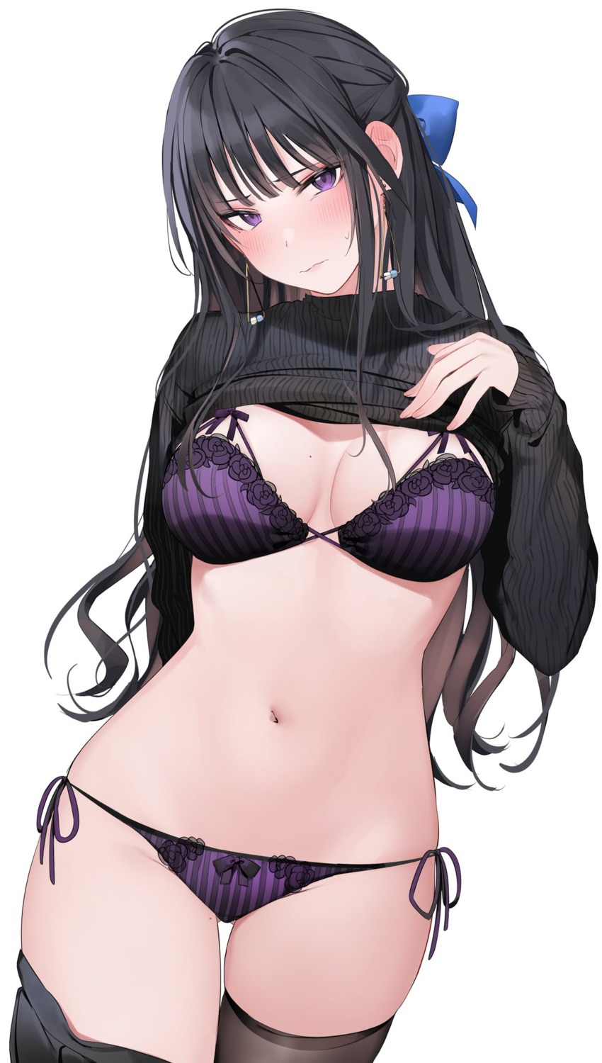 bra majime-jk_(xretakex) pantsu shimapan shirt_lift string_panties sweater thighhighs xretakex