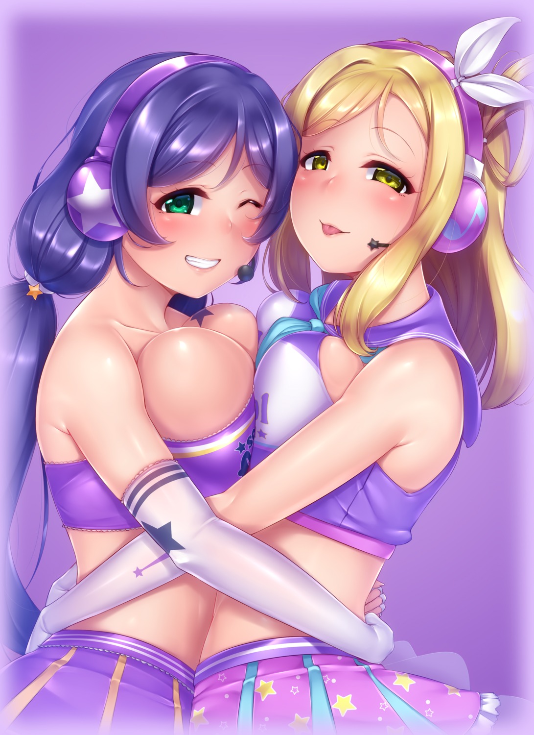 gacchu headphones love_live! love_live!_sunshine!! no_bra ohara_mari symmetrical_docking toujou_nozomi uniform