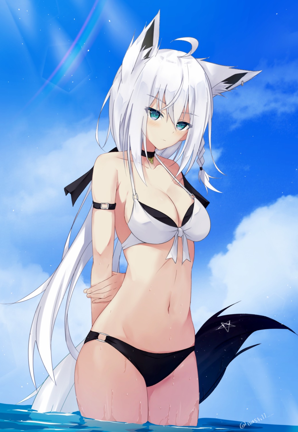 animal_ears bikini hololive hololive_gamers kitsune nash11 shirakami_fubuki swimsuits tail wet