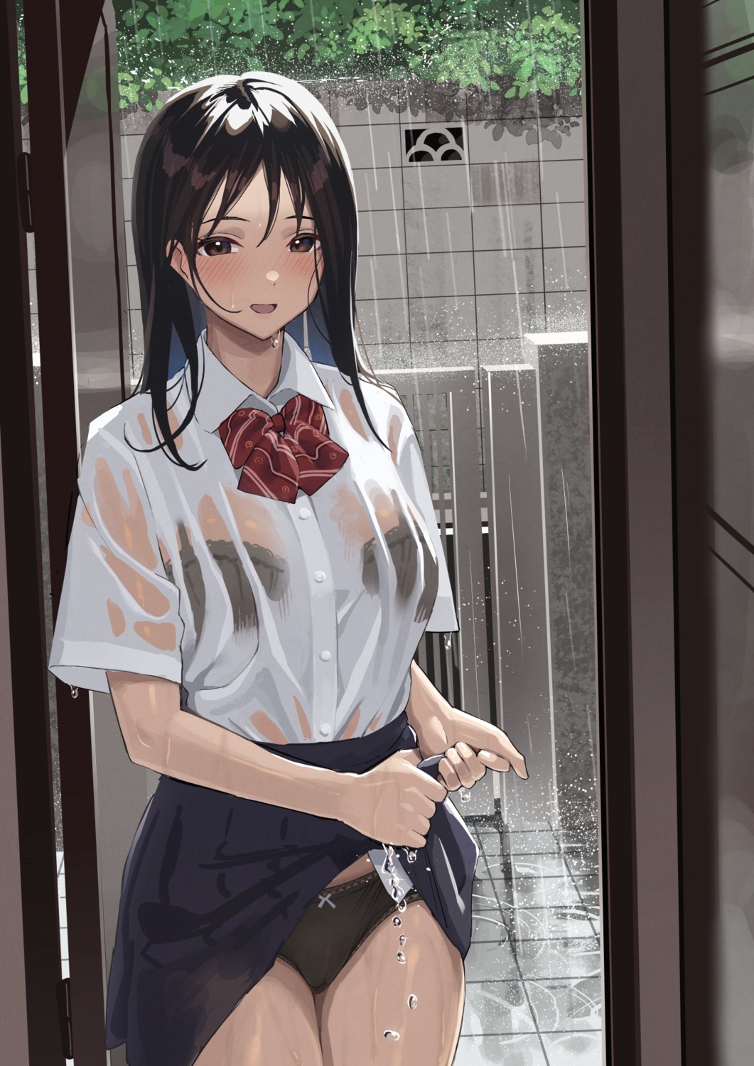 bra pantsu see_through seifuku skirt_lift taniguchi_daisuke wet wet_clothes