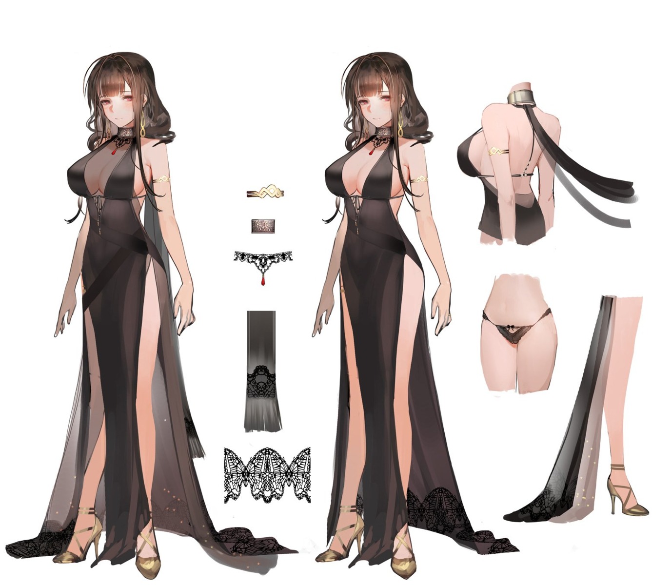 character_design cleavage dress heels liduke no_bra pantsu see_through