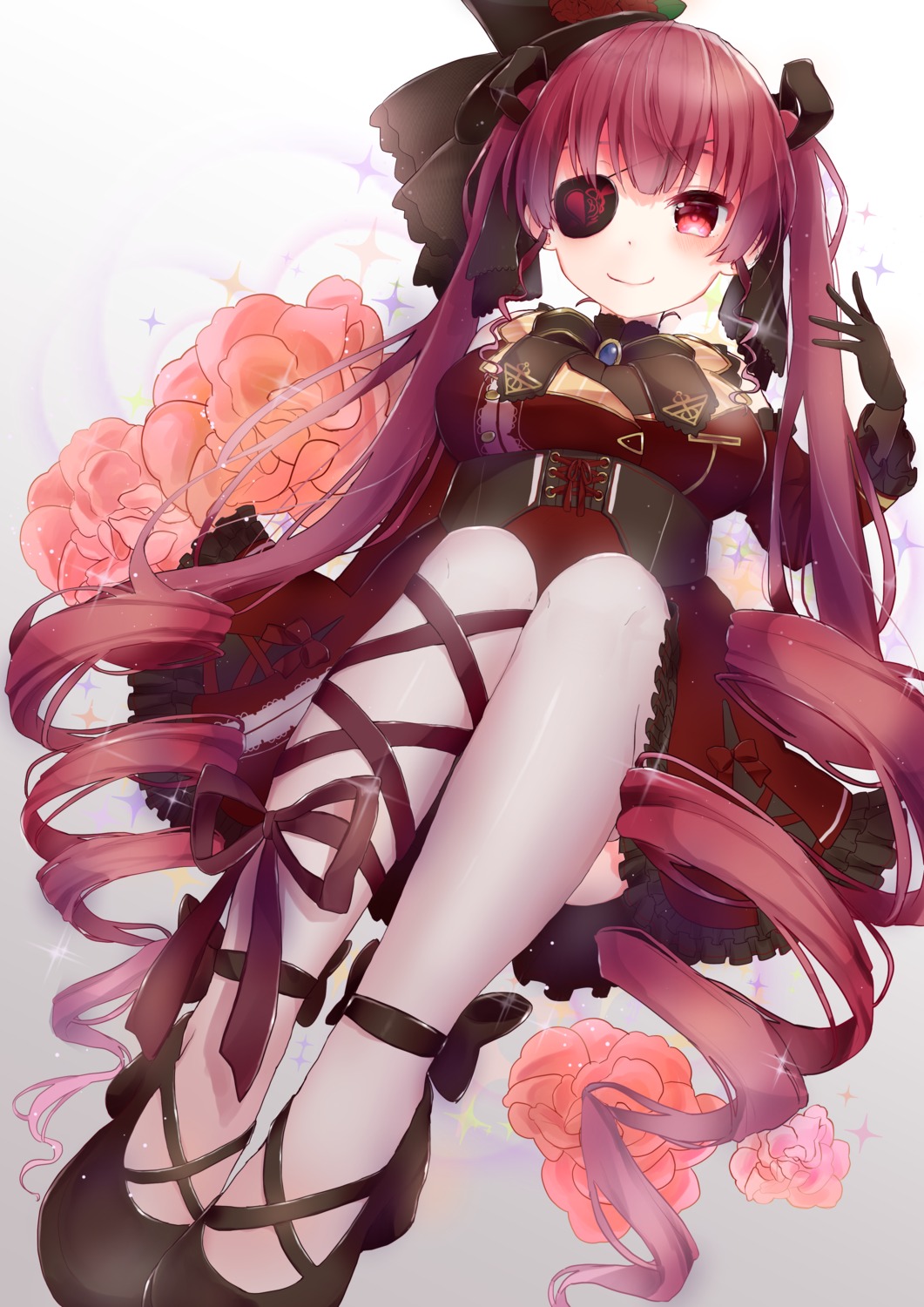 charlotte11037 eyepatch gothic_lolita hololive houshou_marine lolita_fashion skirt_lift thighhighs