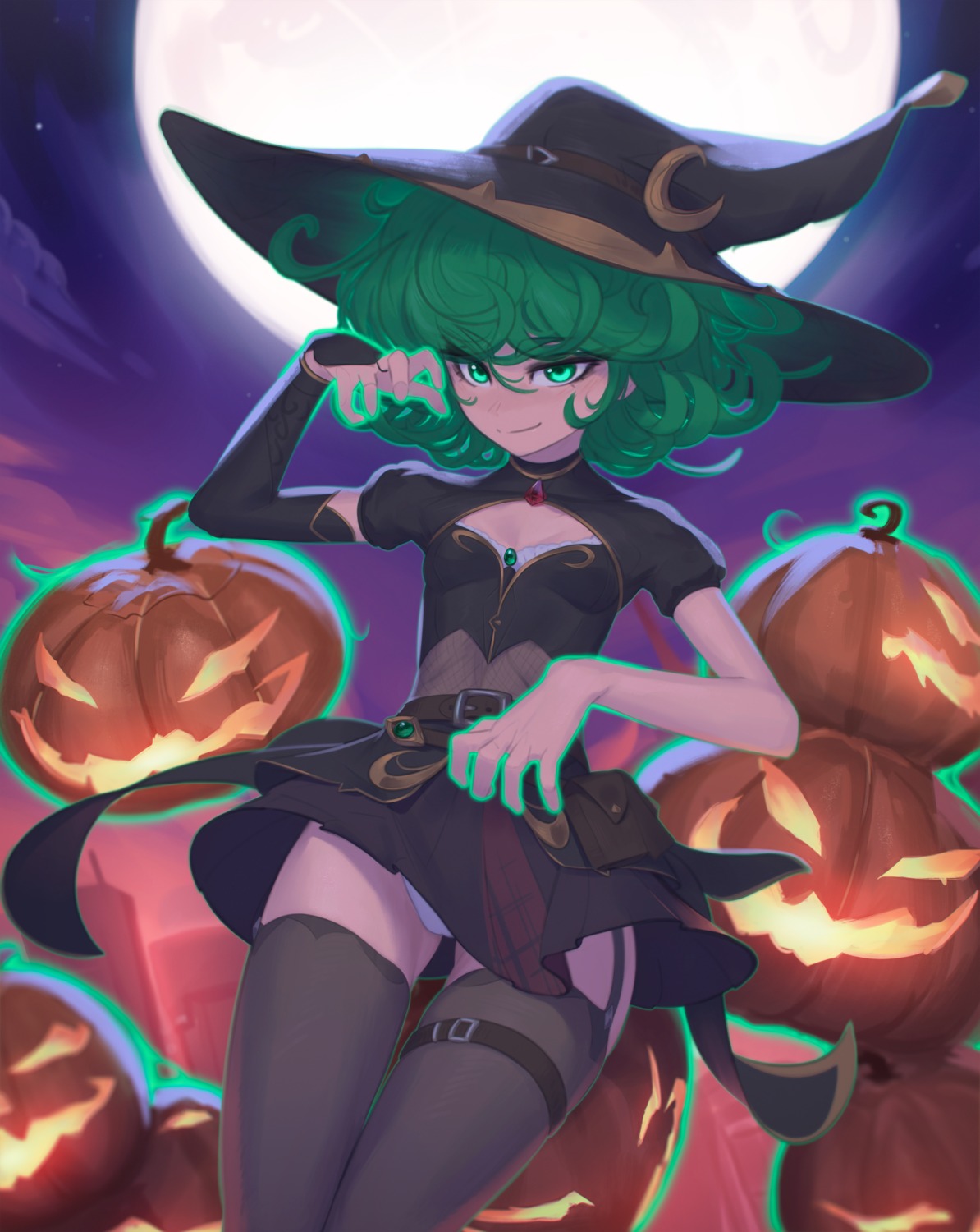 daniel_deves garter halloween one_punch_man pantsu skirt_lift stockings tatsumaki_(one_punch_man) thighhighs witch